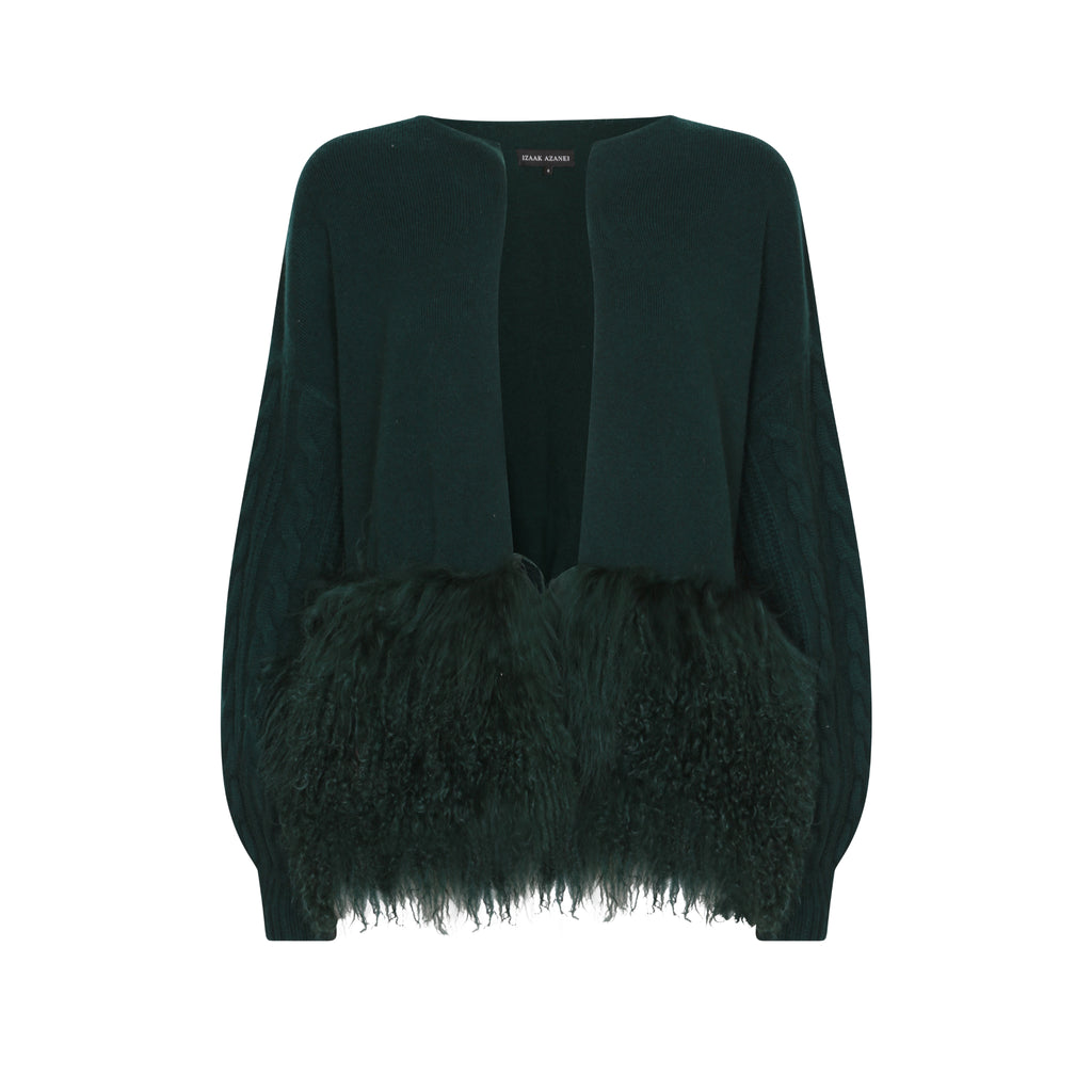 The Cable Knit Jacket with Shearling Trim in Emerald