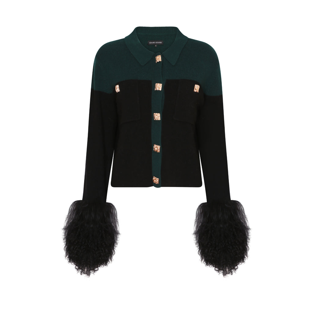 The Shirt with Shearling Cuff in Emerald and Black