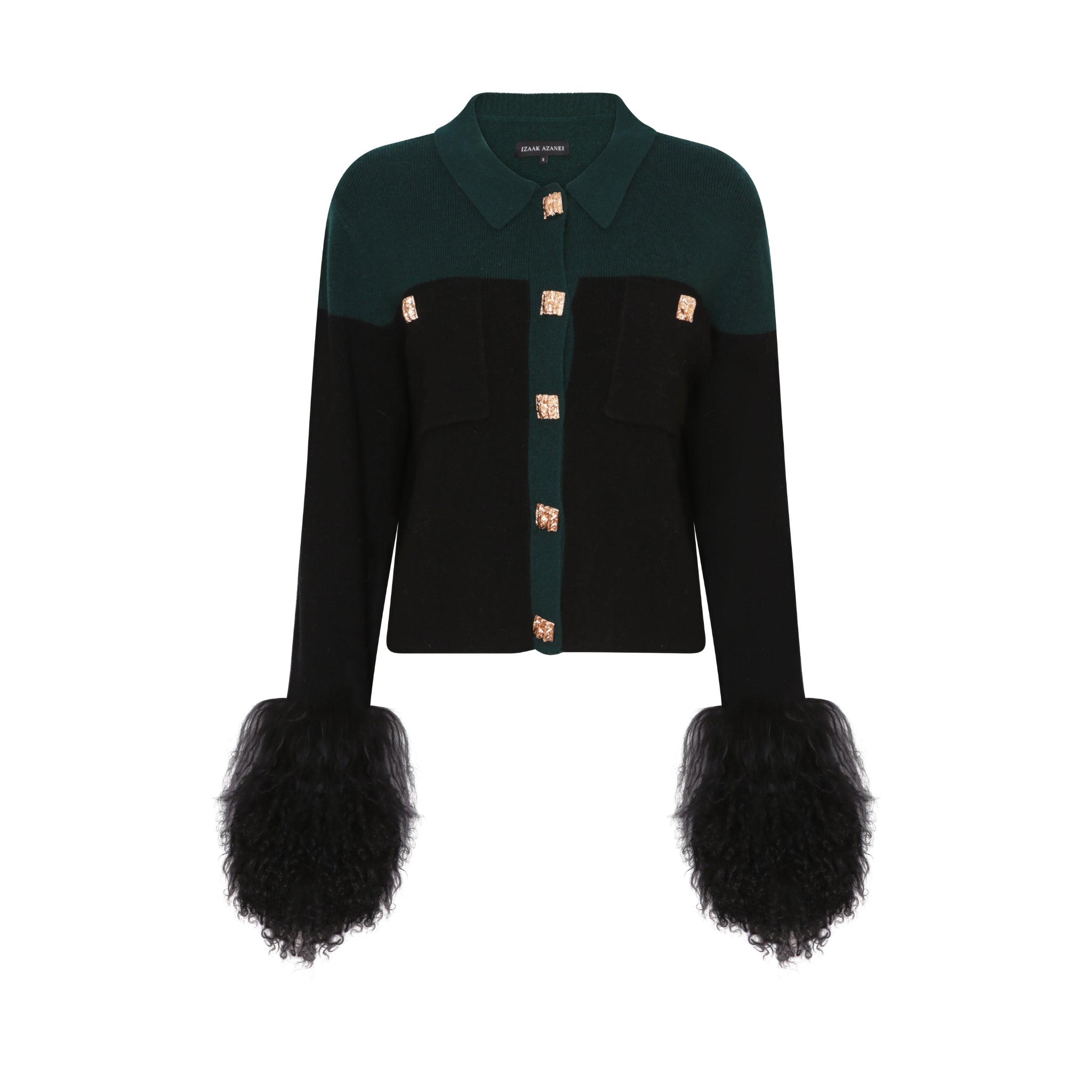 The Shirt with Shearling Cuff in Emerald and Black