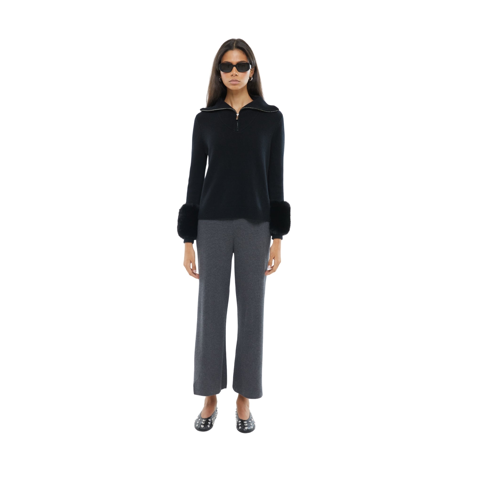 The Zip Up Faux Cuff Sweater in Black