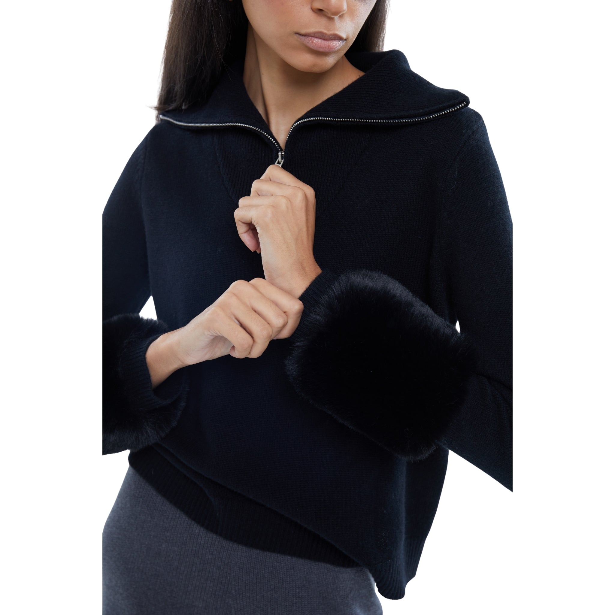 The Zip Up Faux Cuff Sweater in Black