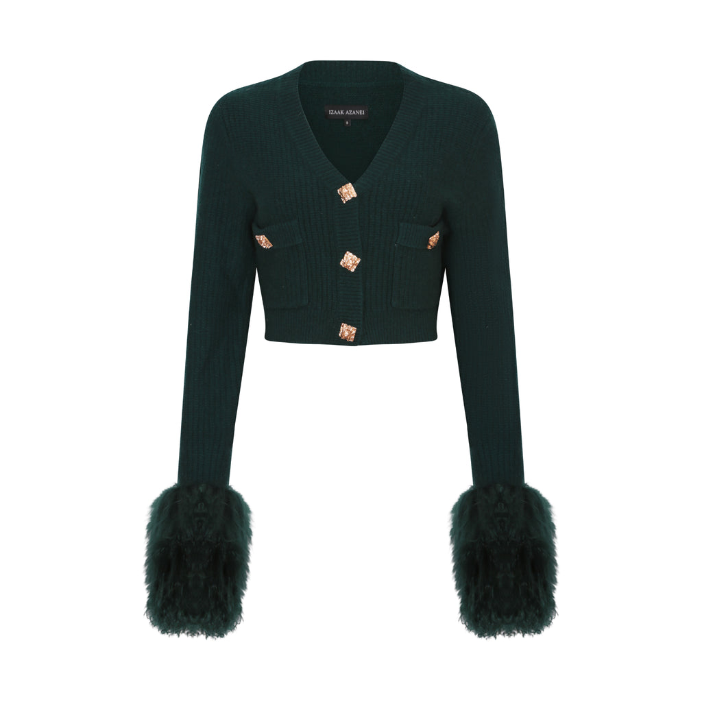 The Cropped Shearling Cuff Cardigan in Emerald