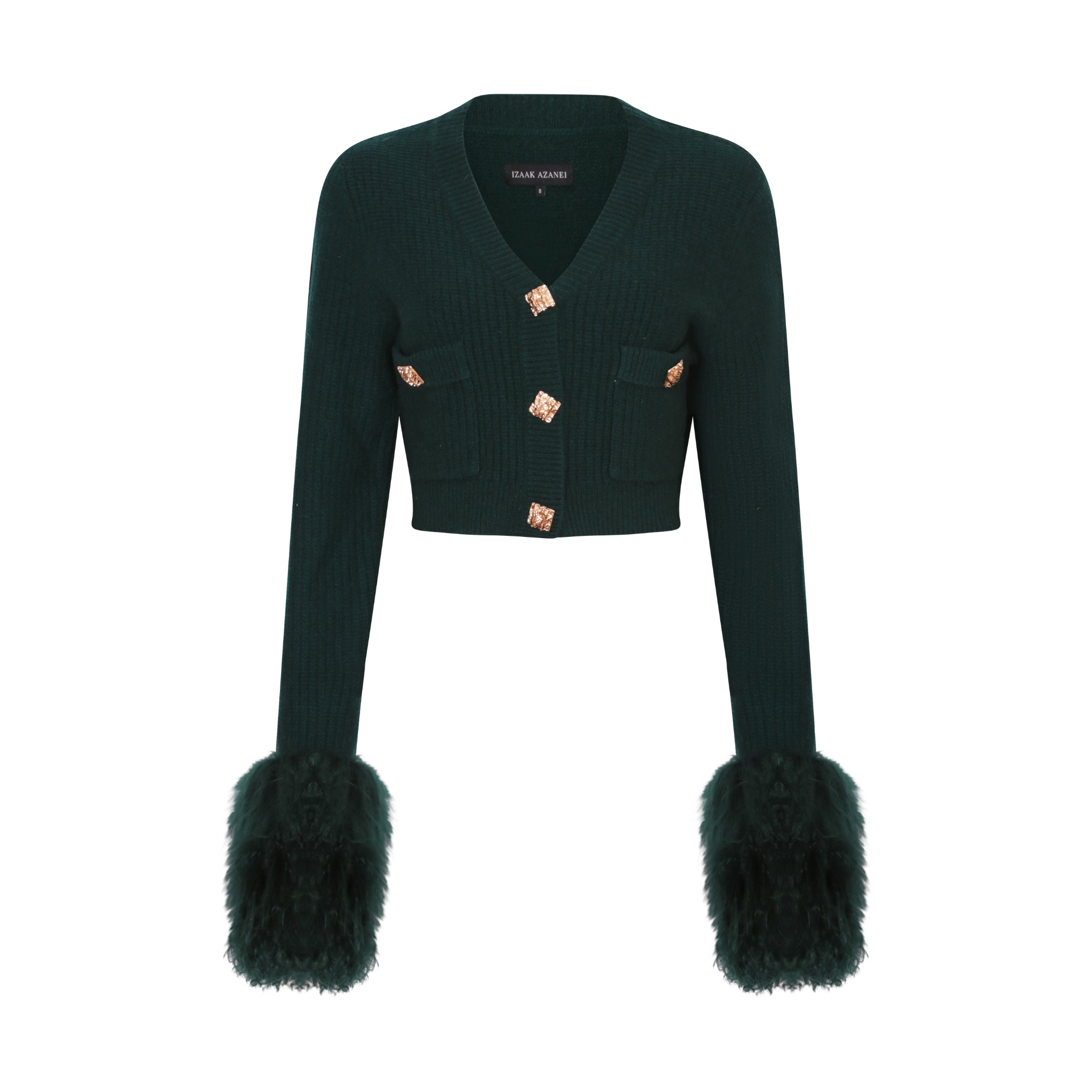 The Cropped Shearling Cuff Cardigan in Emerald