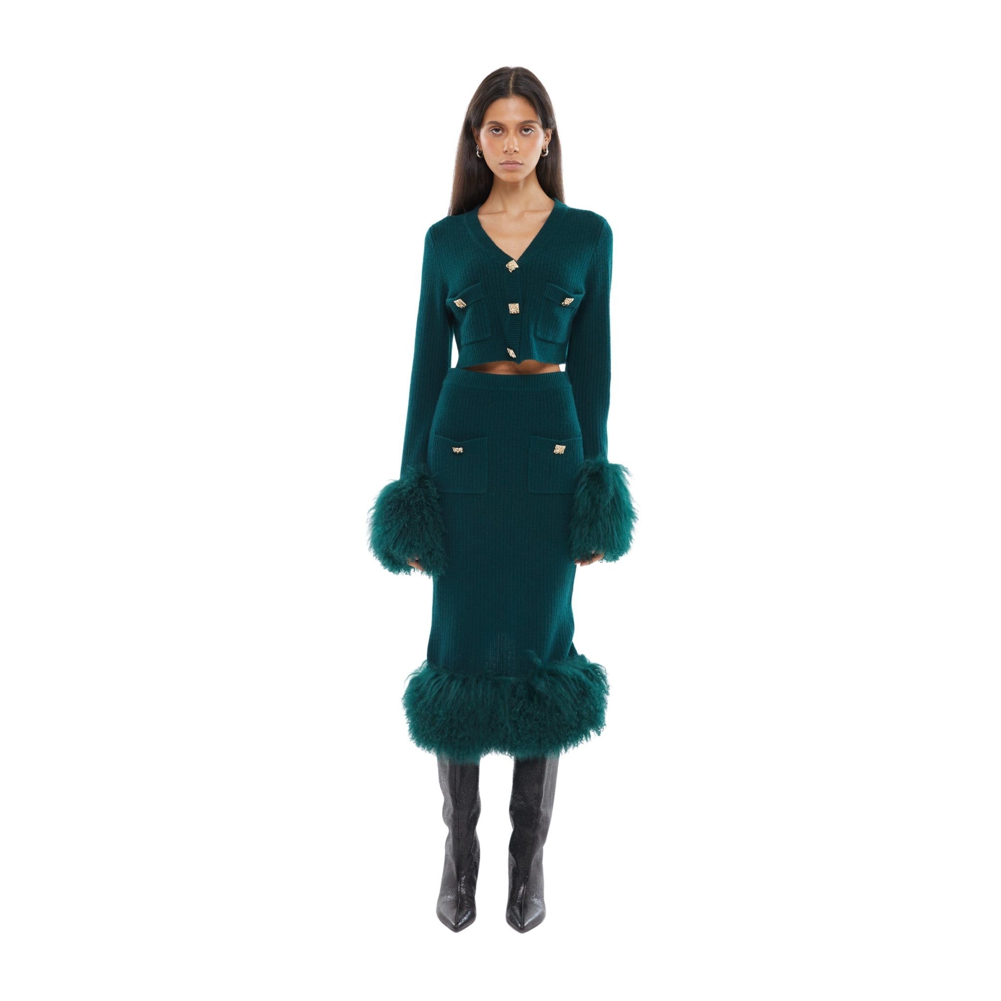 The Cropped Shearling Cuff Cardigan in Emerald