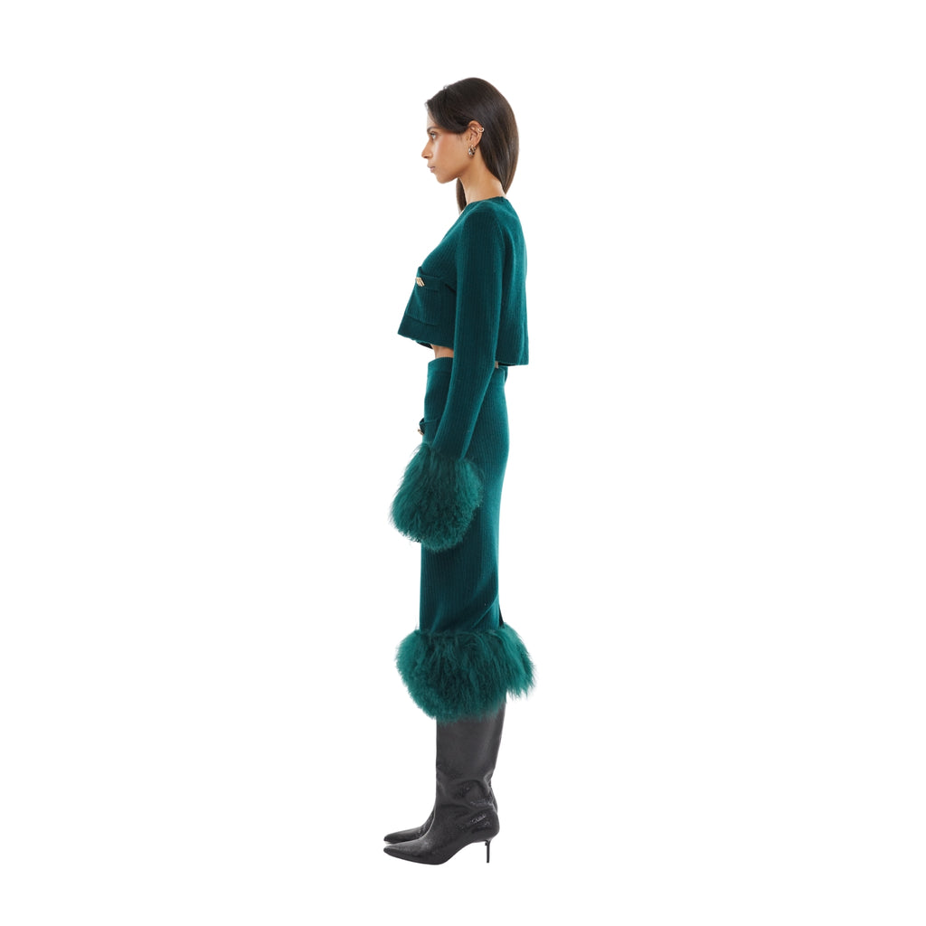 The Cropped Shearling Cuff Cardigan in Emerald