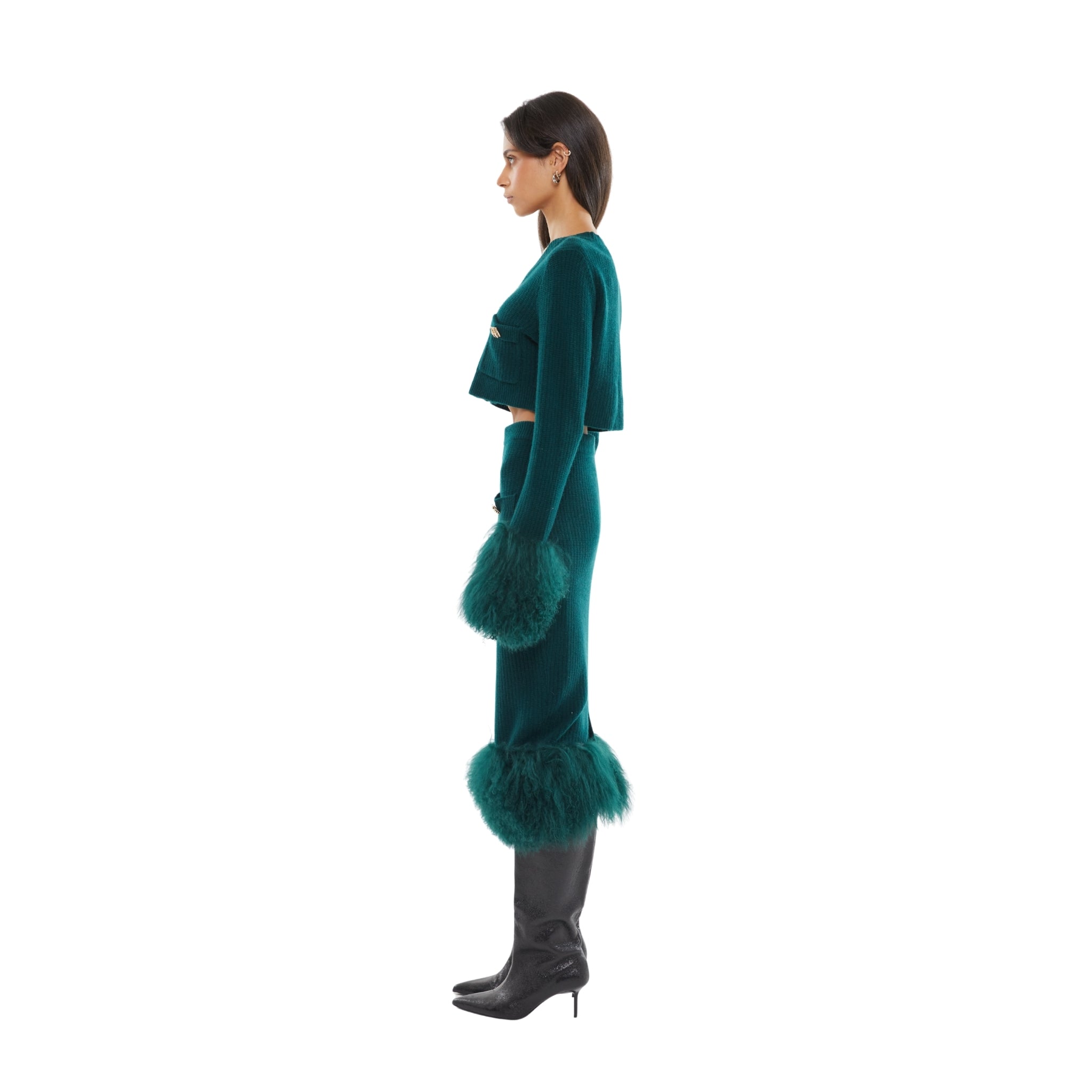 The Cropped Shearling Cuff Cardigan in Emerald