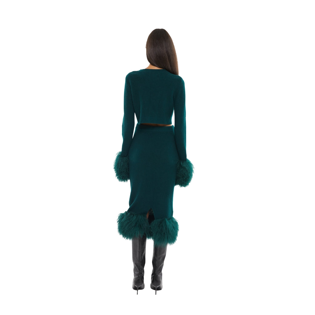The Cropped Shearling Cuff Cardigan in Emerald