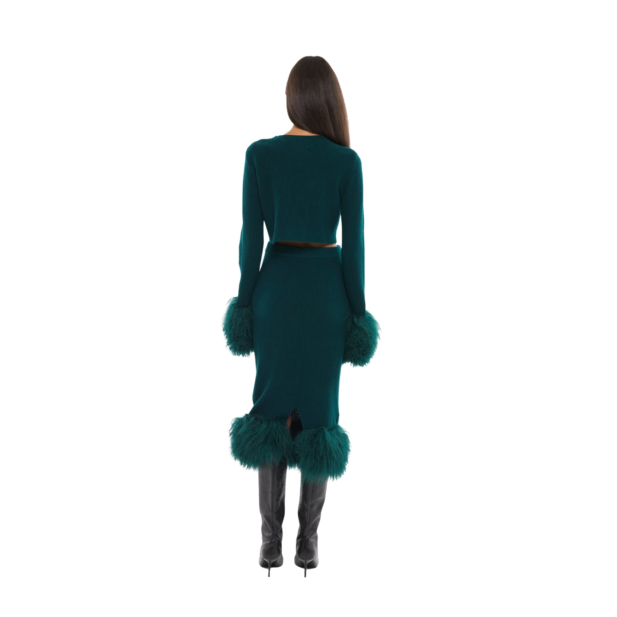 The Cropped Shearling Cuff Cardigan in Emerald