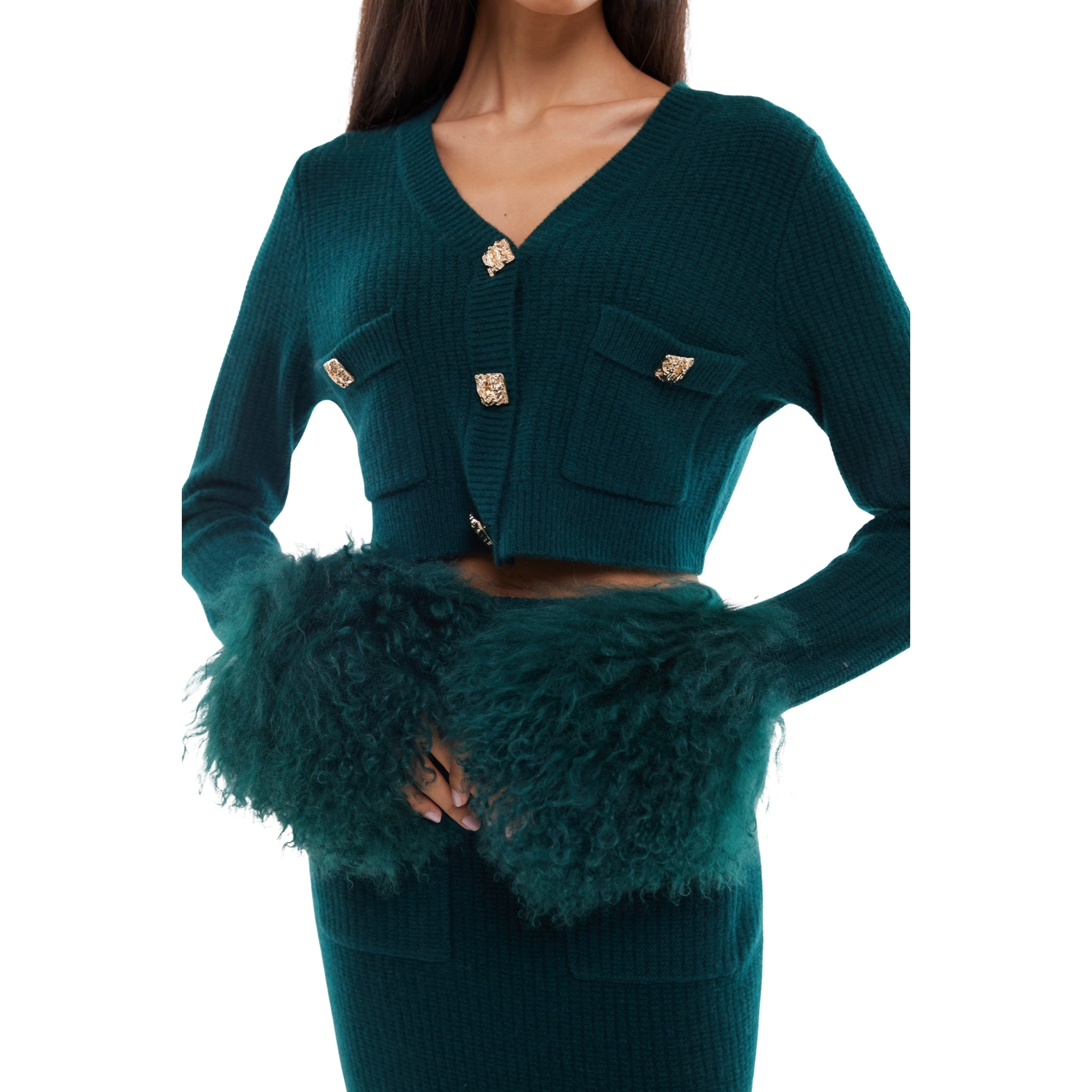 The Cropped Shearling Cuff Cardigan in Emerald