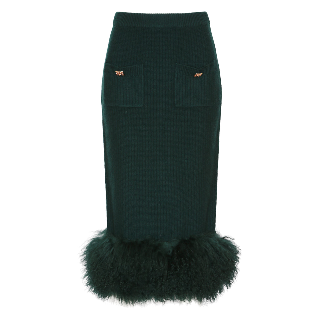 The Shearling Trim Midi Skirt in Emerald