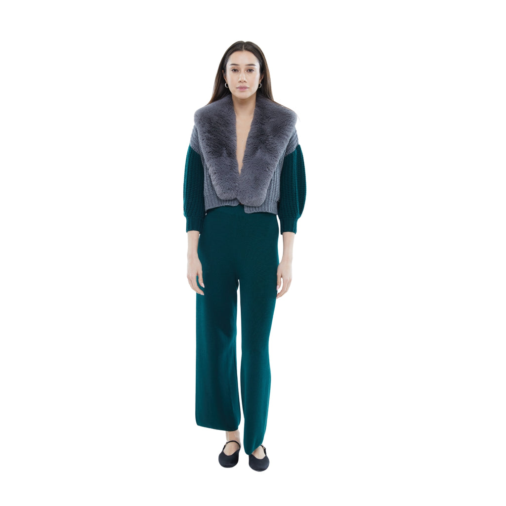 The Dual Tone Faux Collar Cardigan in Storm and Emerald