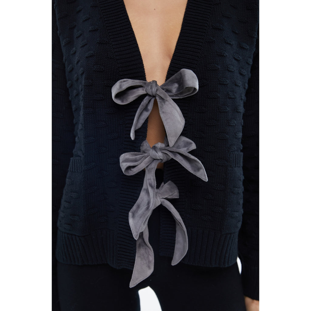 The Cardigan with Velvet Bow Detail in Black