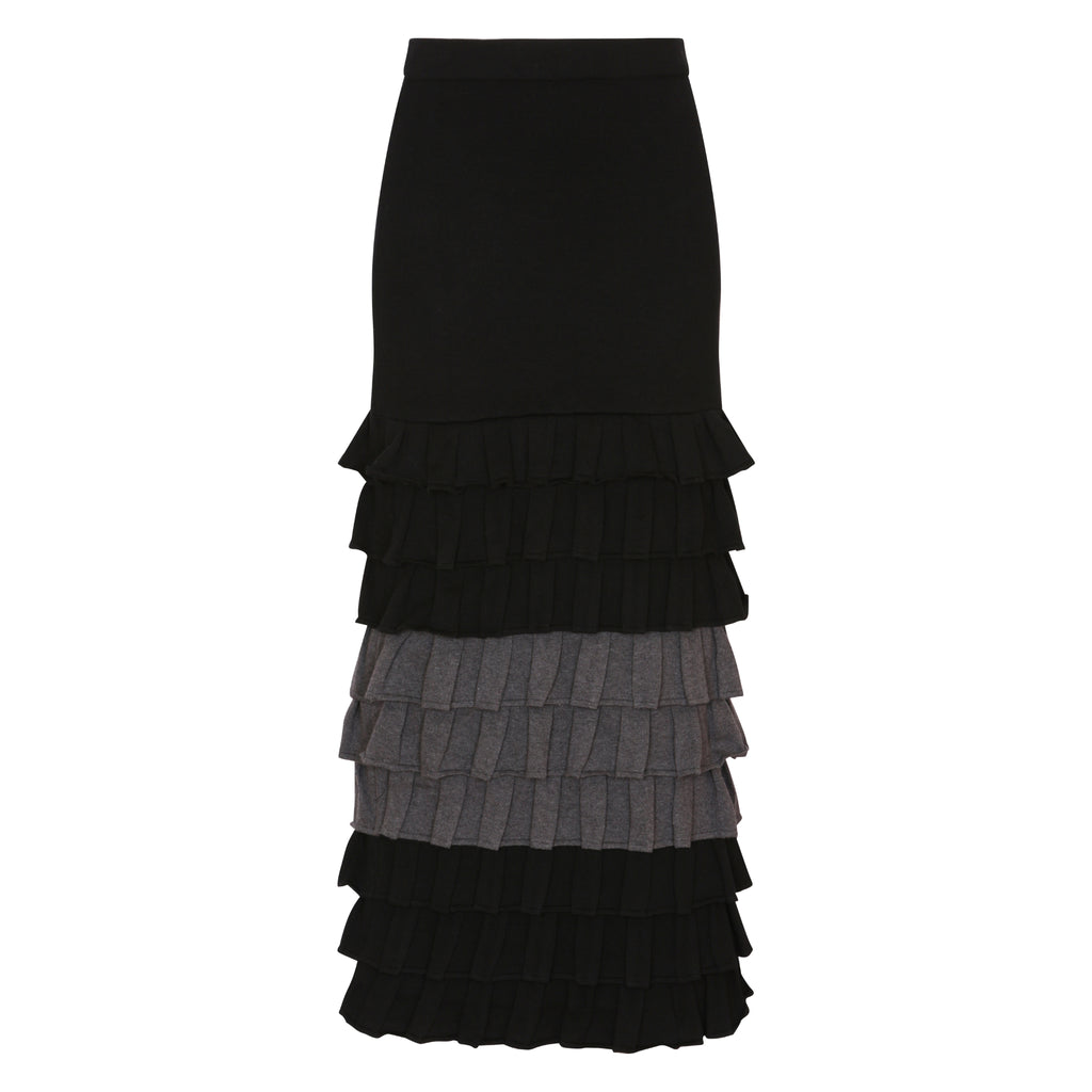 The Ruffle Tiered Dual Tone Maxi Skirt in Black and Shadow