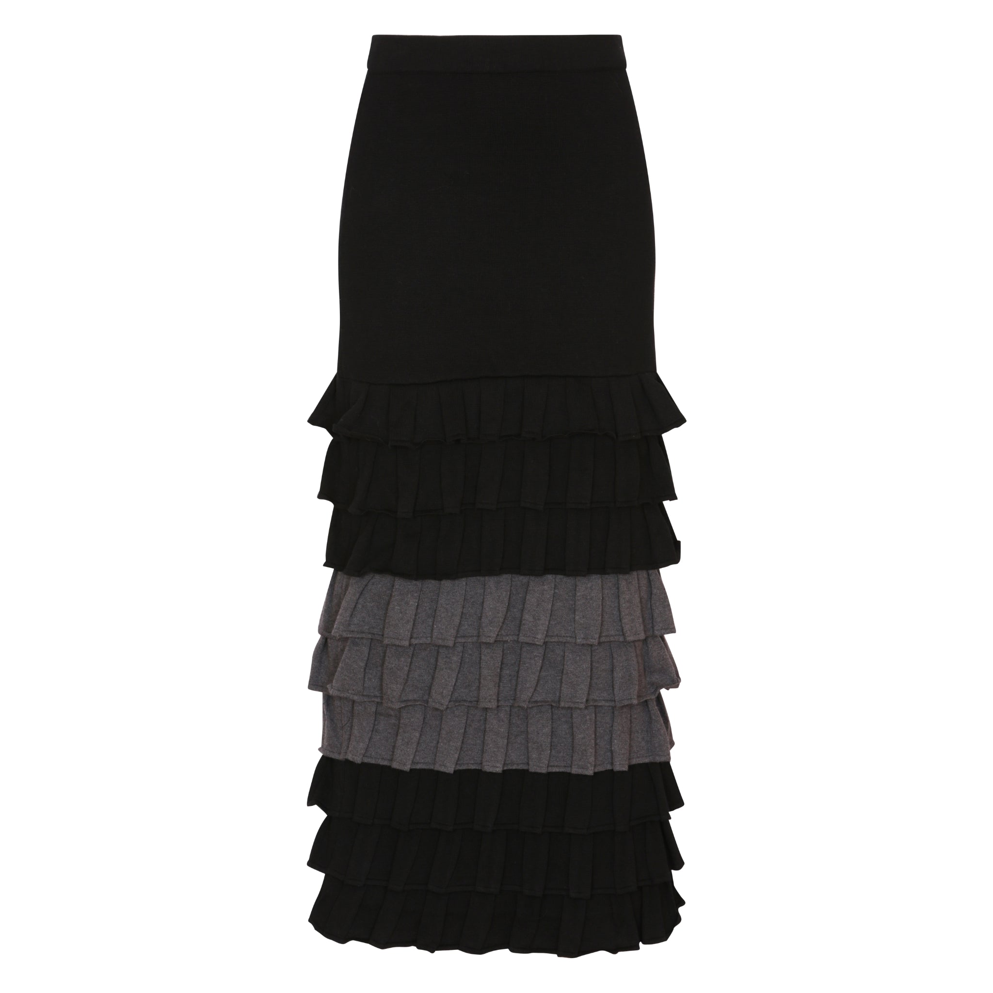 The Ruffle Tiered Dual Tone Maxi Skirt in Black and Shadow