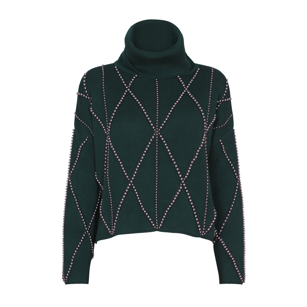 The Embellished High Neck Sweater in Forest