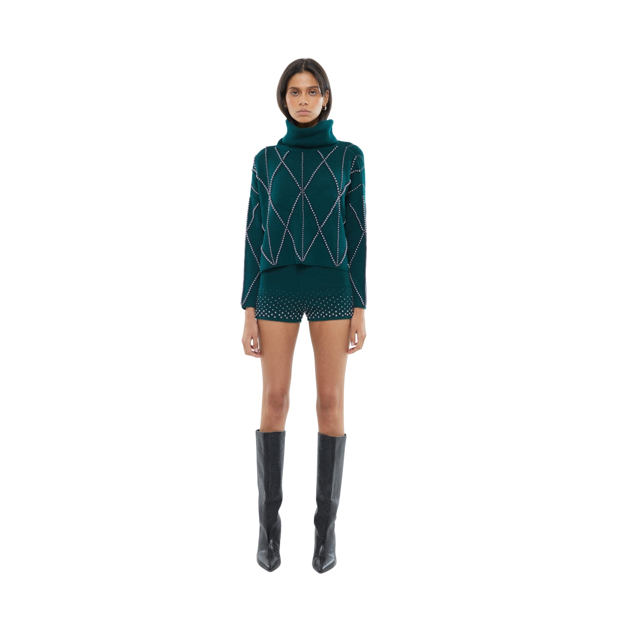 The Embellished High Neck Sweater in Forest