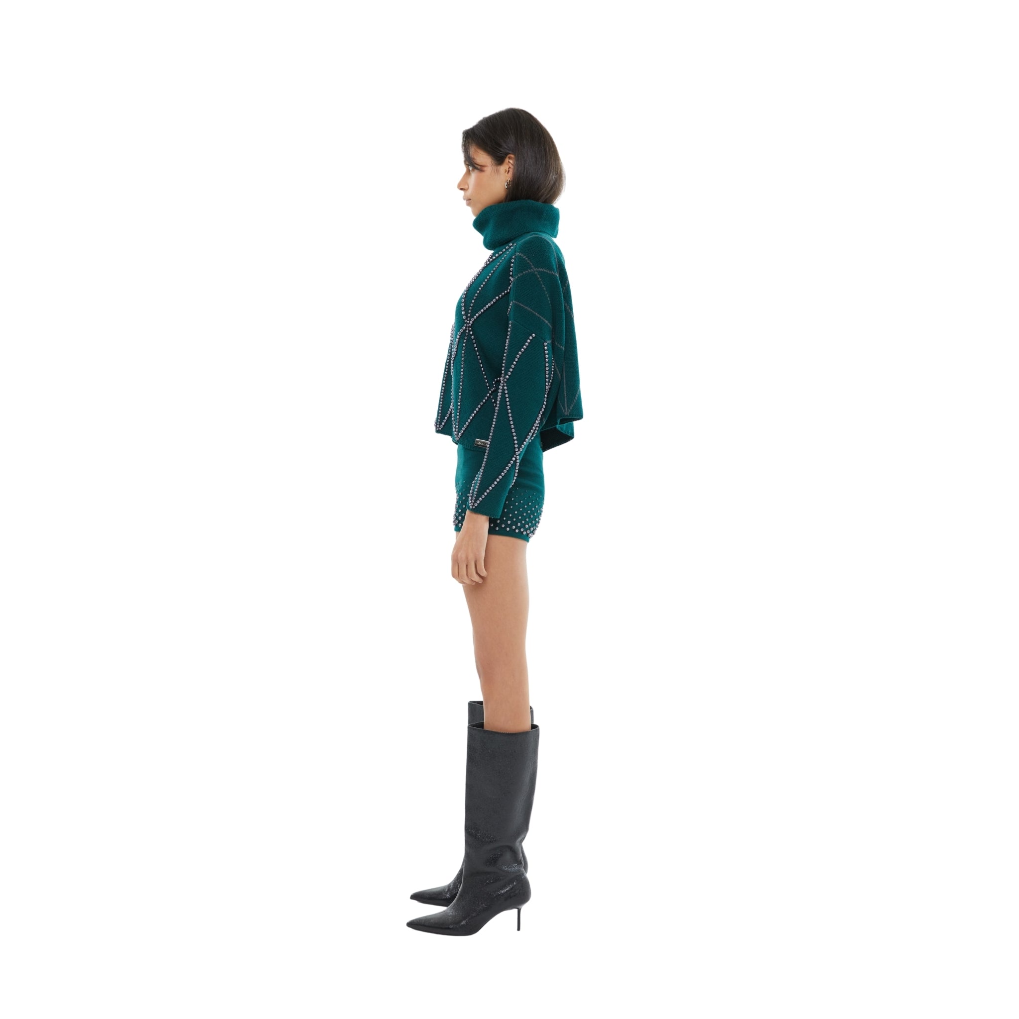 The Embellished High Neck Sweater in Forest