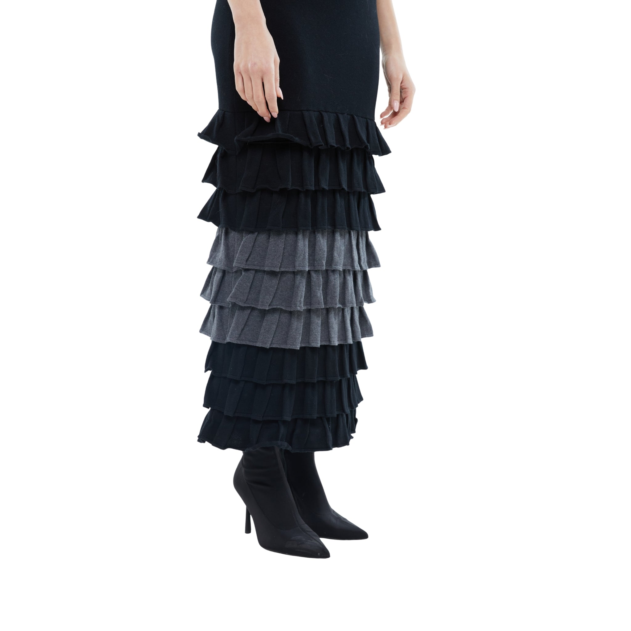 The Ruffle Tiered Dual Tone Maxi Skirt in Black and Shadow