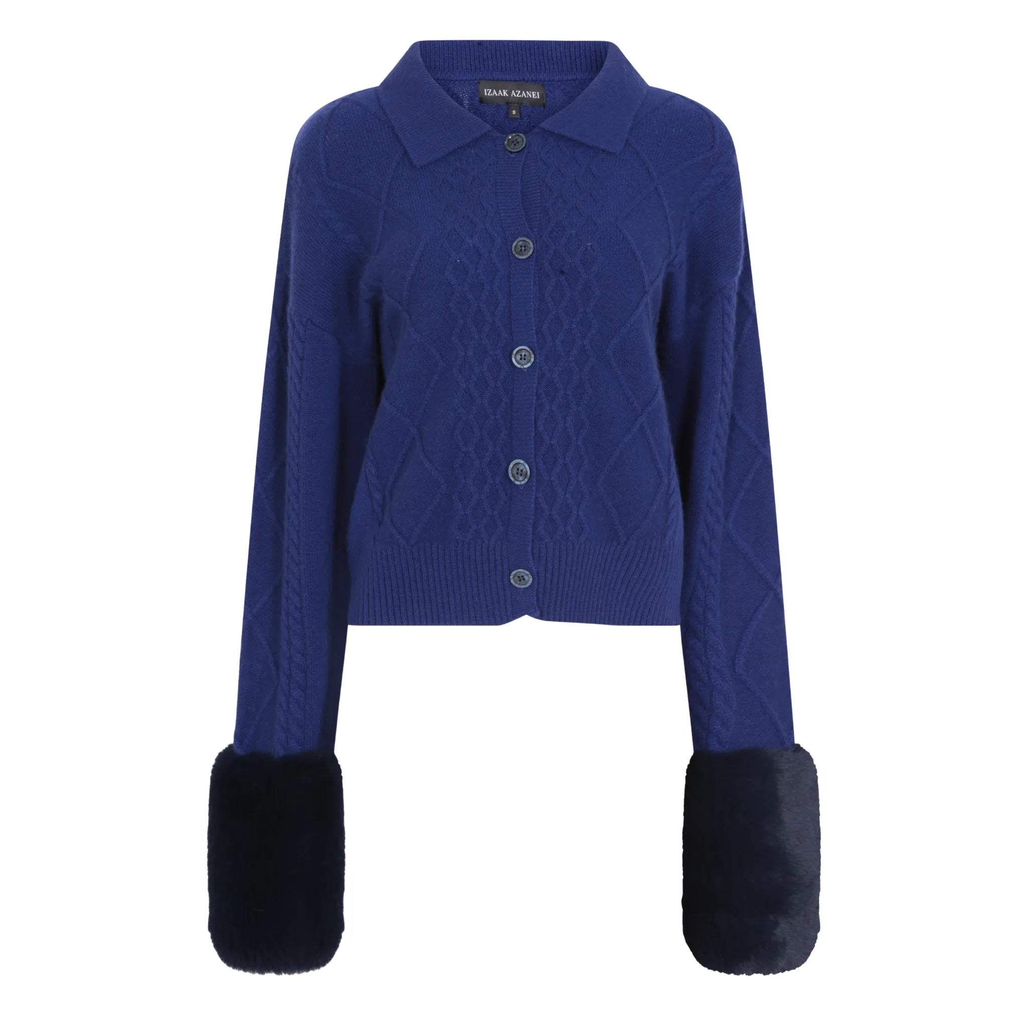The Cable Polo Cardigan with Faux Fur Cuffs