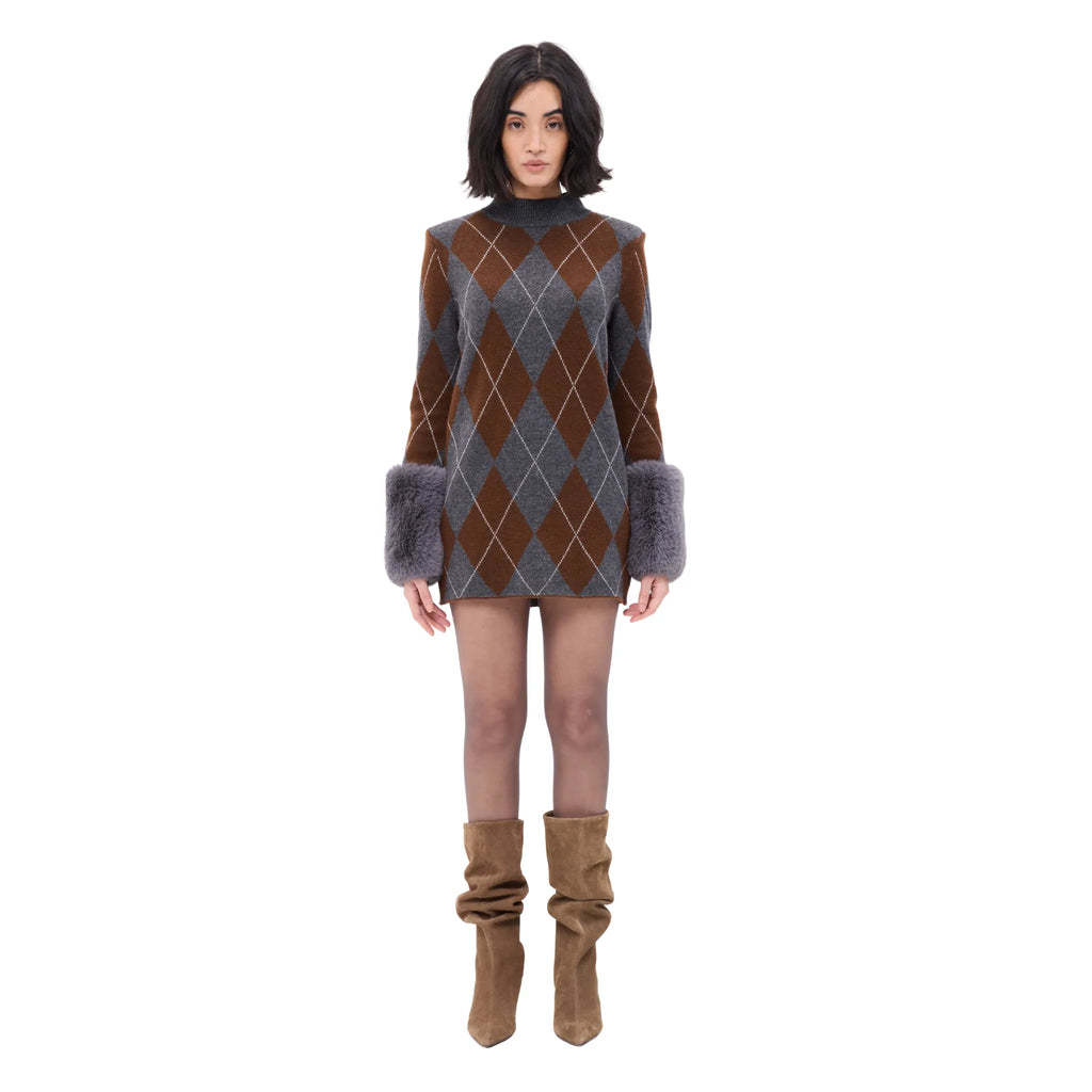 The Argyle Print Mini Dress With Faux Fur Cuffs