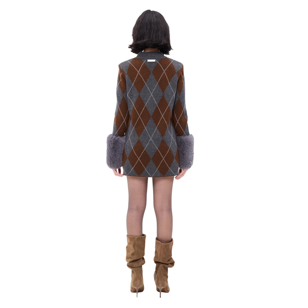 The Argyle Print Mini Dress With Faux Fur Cuffs