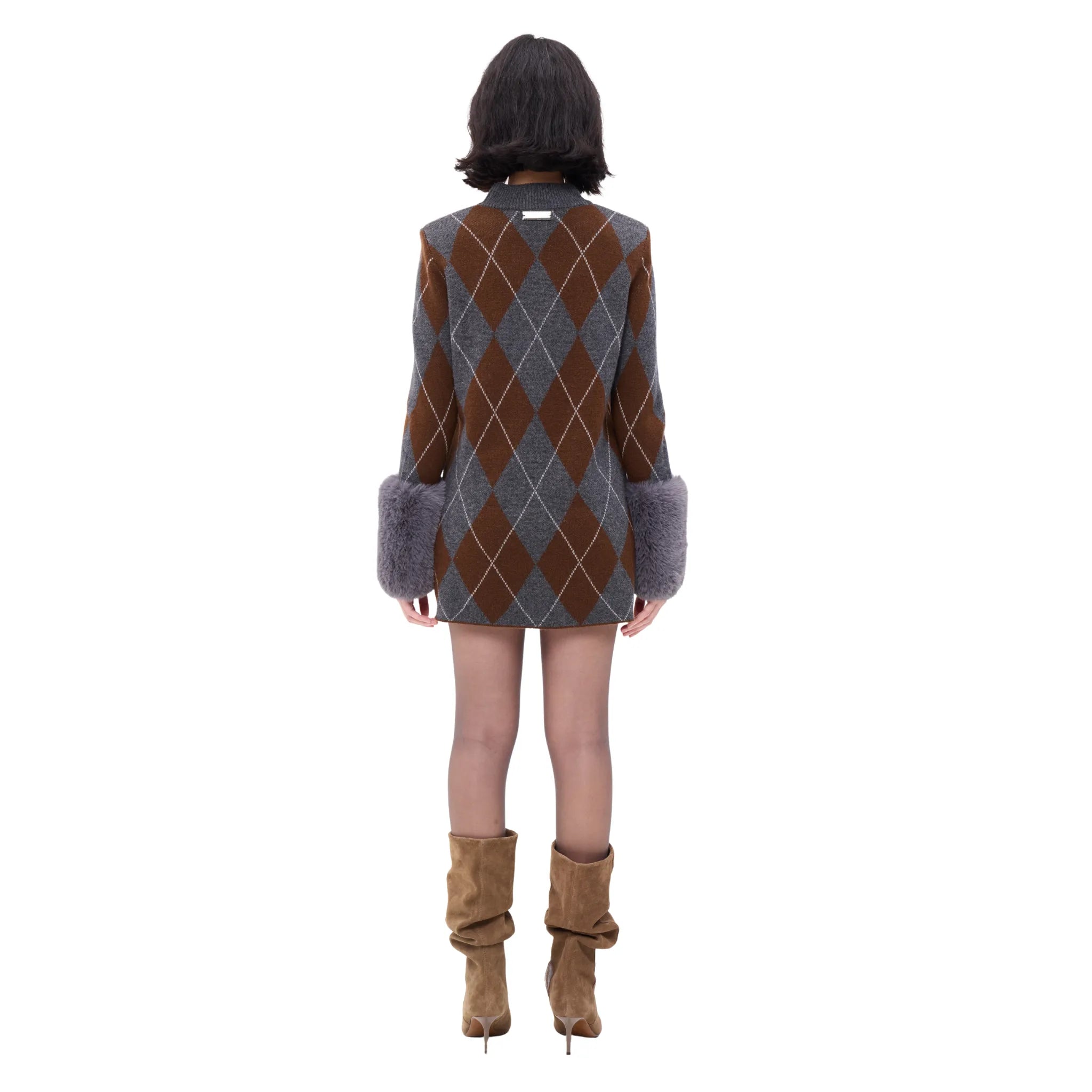 The Argyle Print Mini Dress With Faux Fur Cuffs