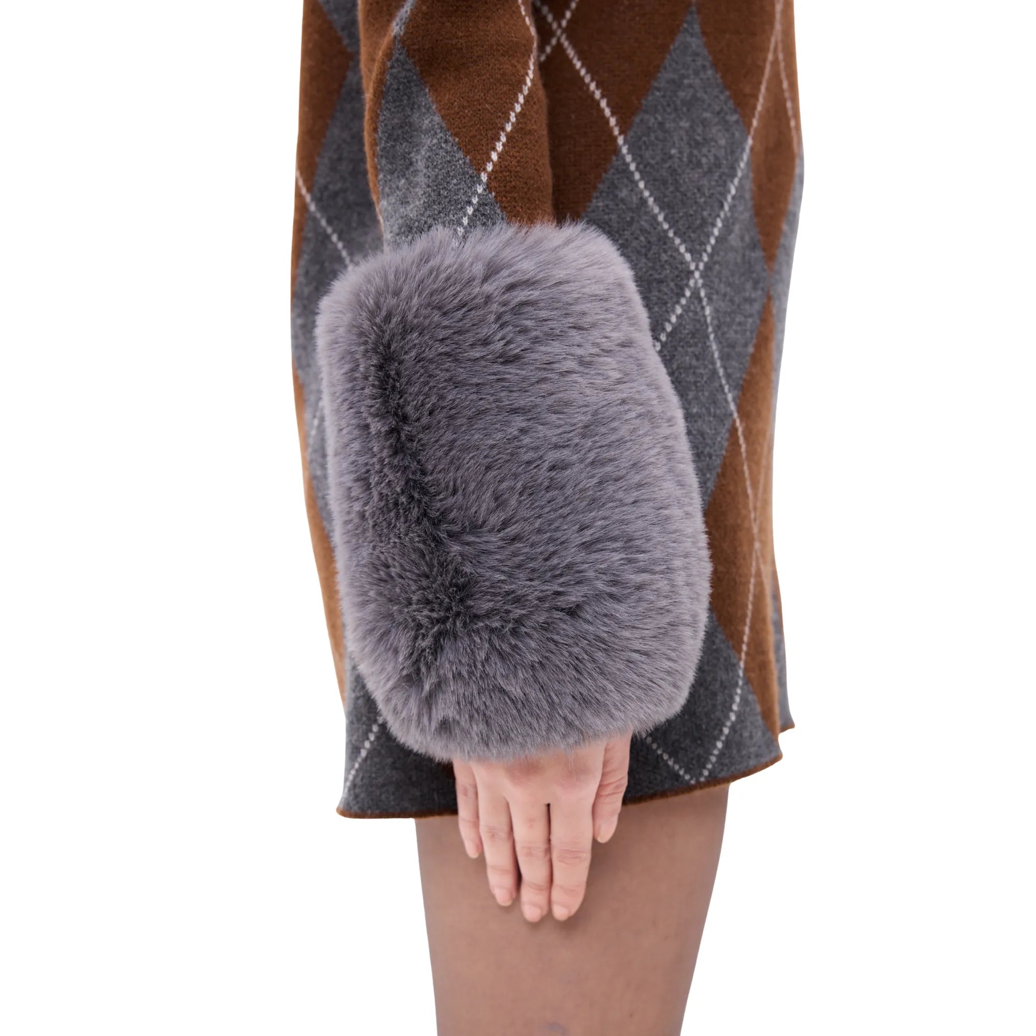 The Argyle Print Mini Dress With Faux Fur Cuffs