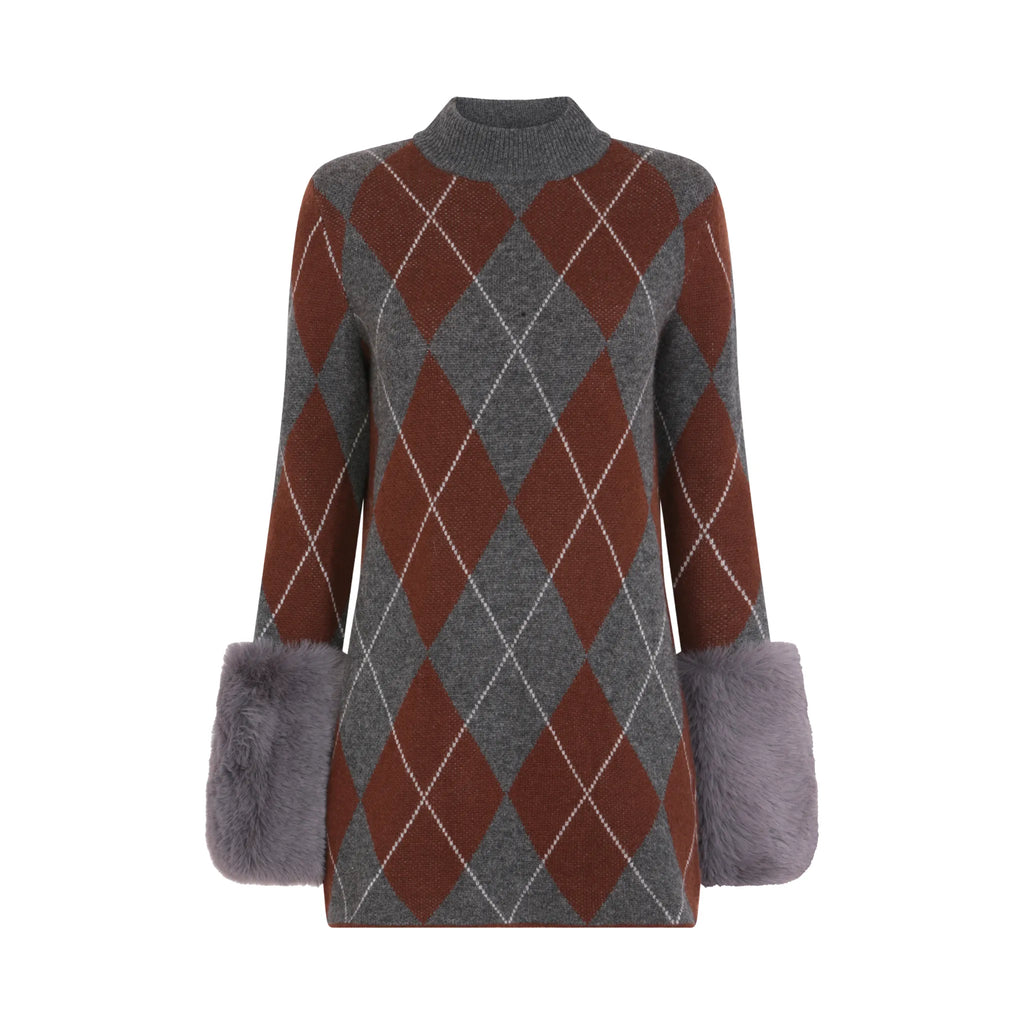 The Argyle Print Mini Dress With Faux Fur Cuffs