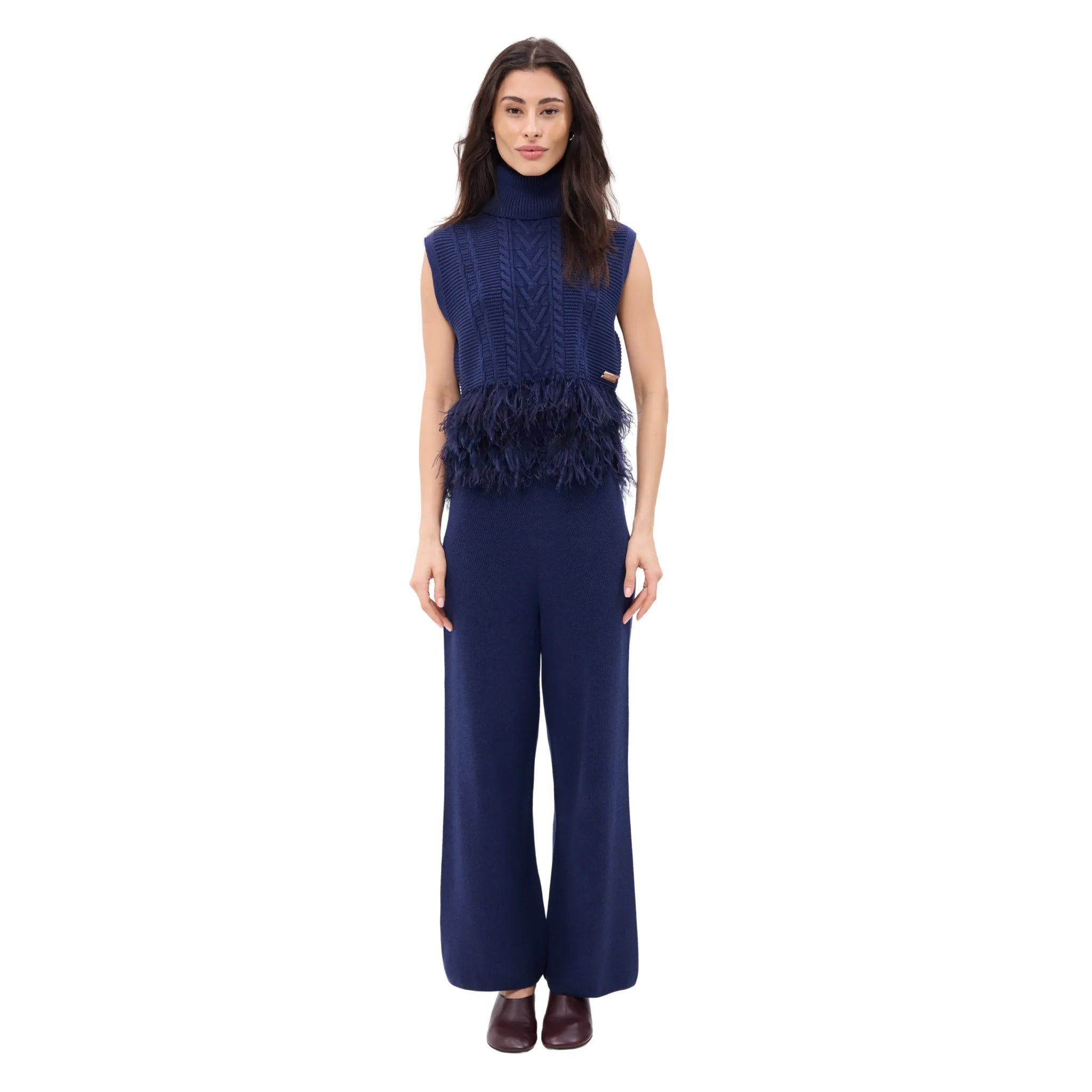 The Sleeveless Polo Neck With Feather Trim