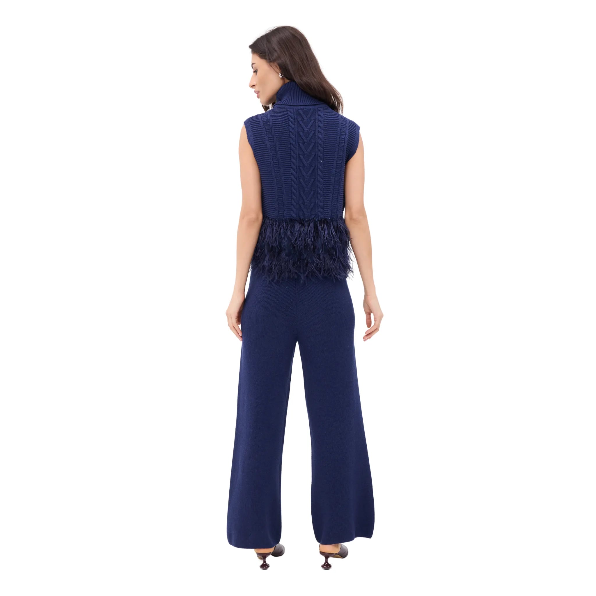 The Sleeveless Polo Neck With Feather Trim