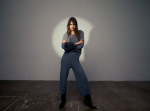 Relaxed Collar Sweater with Button Detail and Faux Cuffs in Pewter
