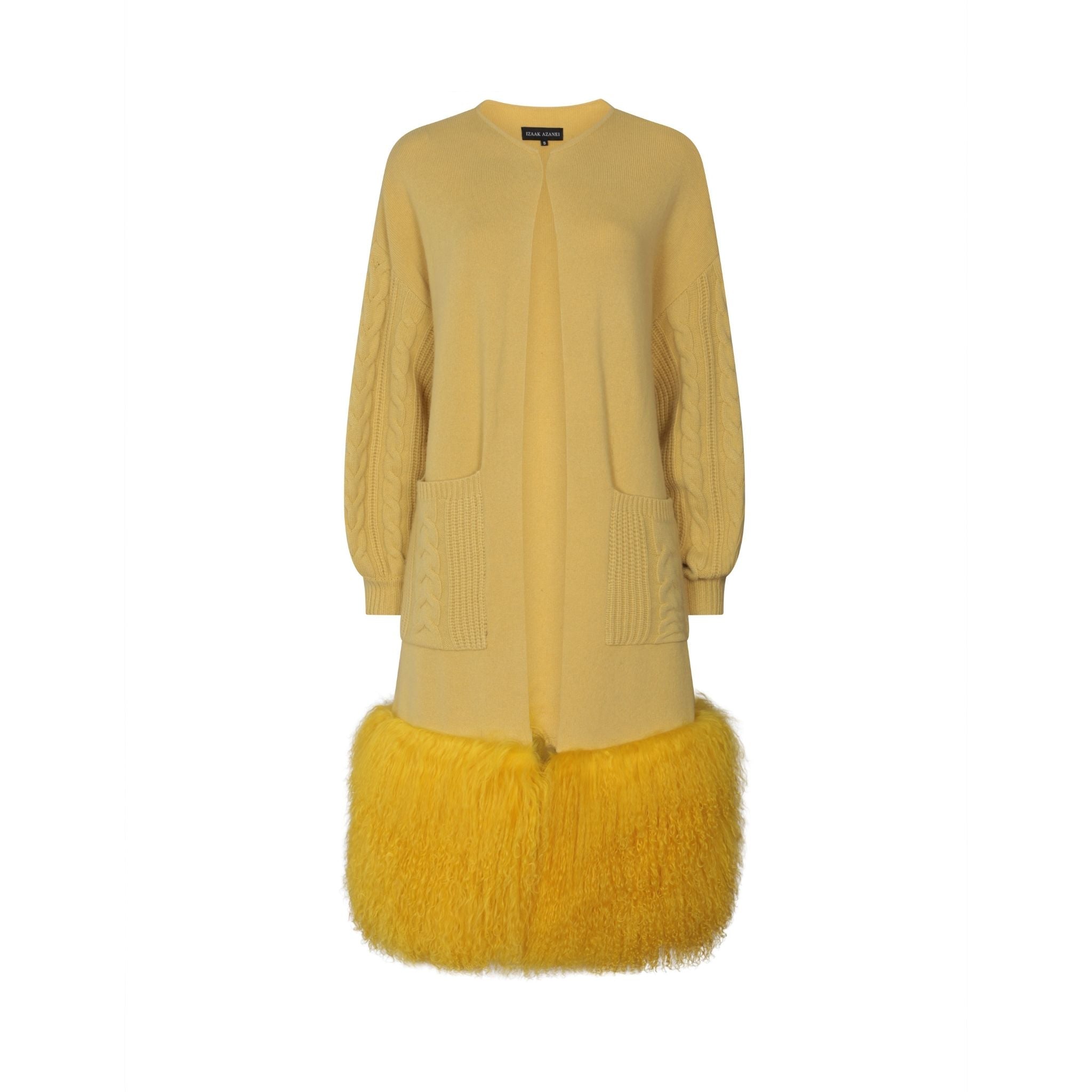 Chartreuse Shearling Trim Cable Cardigan Coat