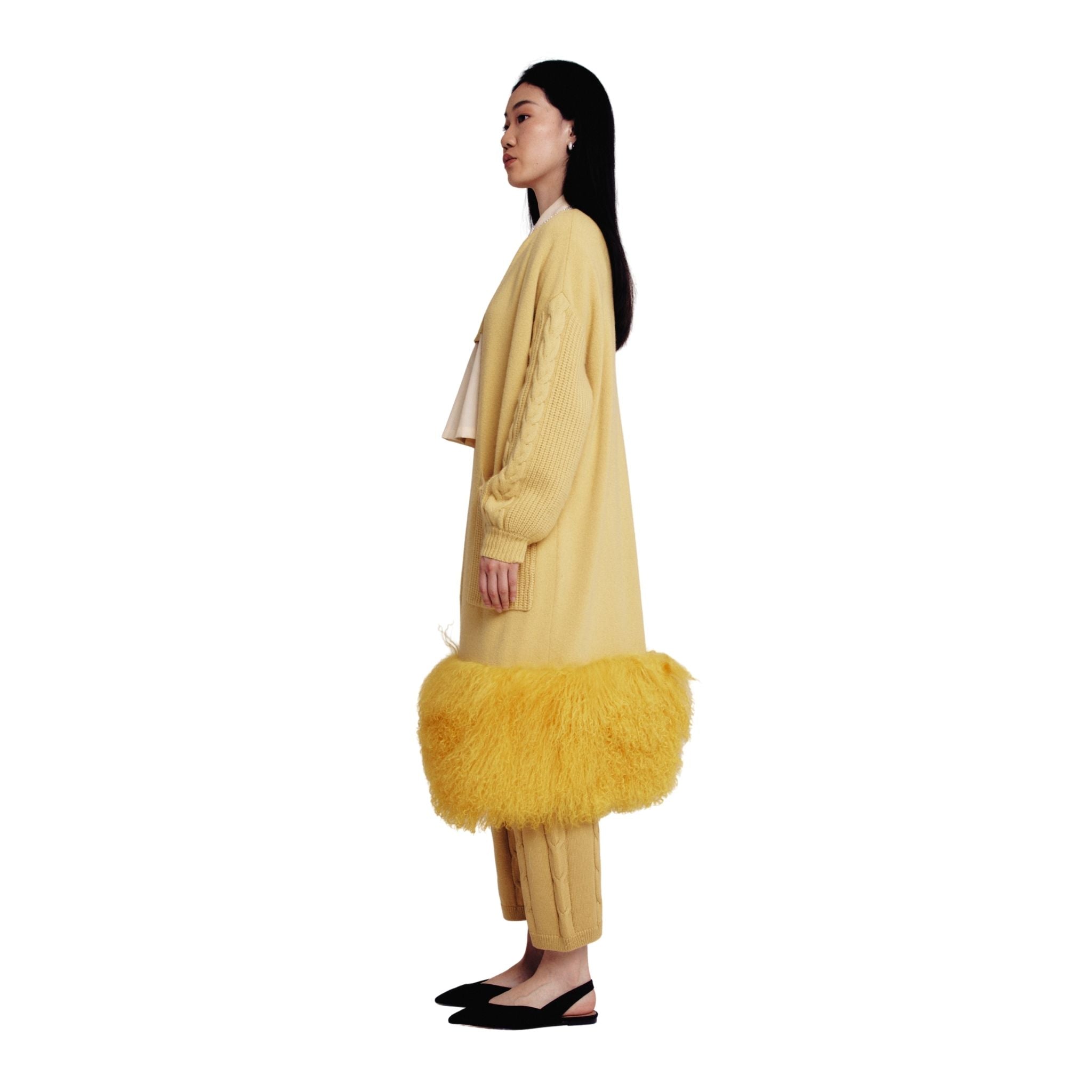 Chartreuse Shearling Trim Cable Cardigan Coat