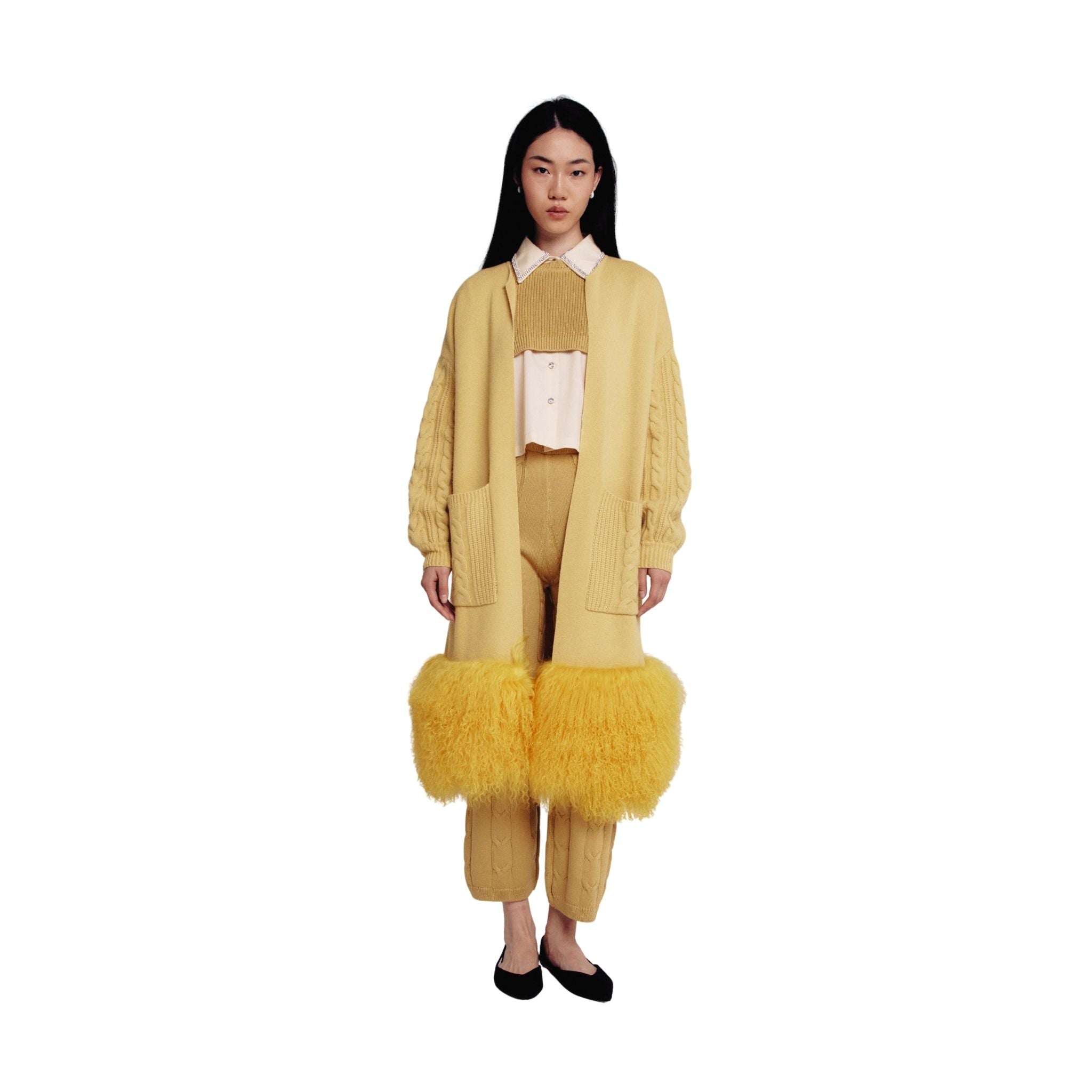 Chartreuse Shearling Trim Cable Cardigan Coat