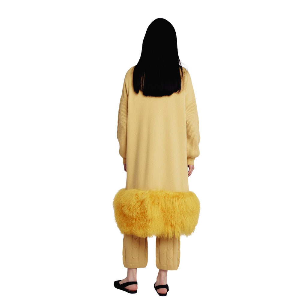 Chartreuse Shearling Trim Cable Cardigan Coat