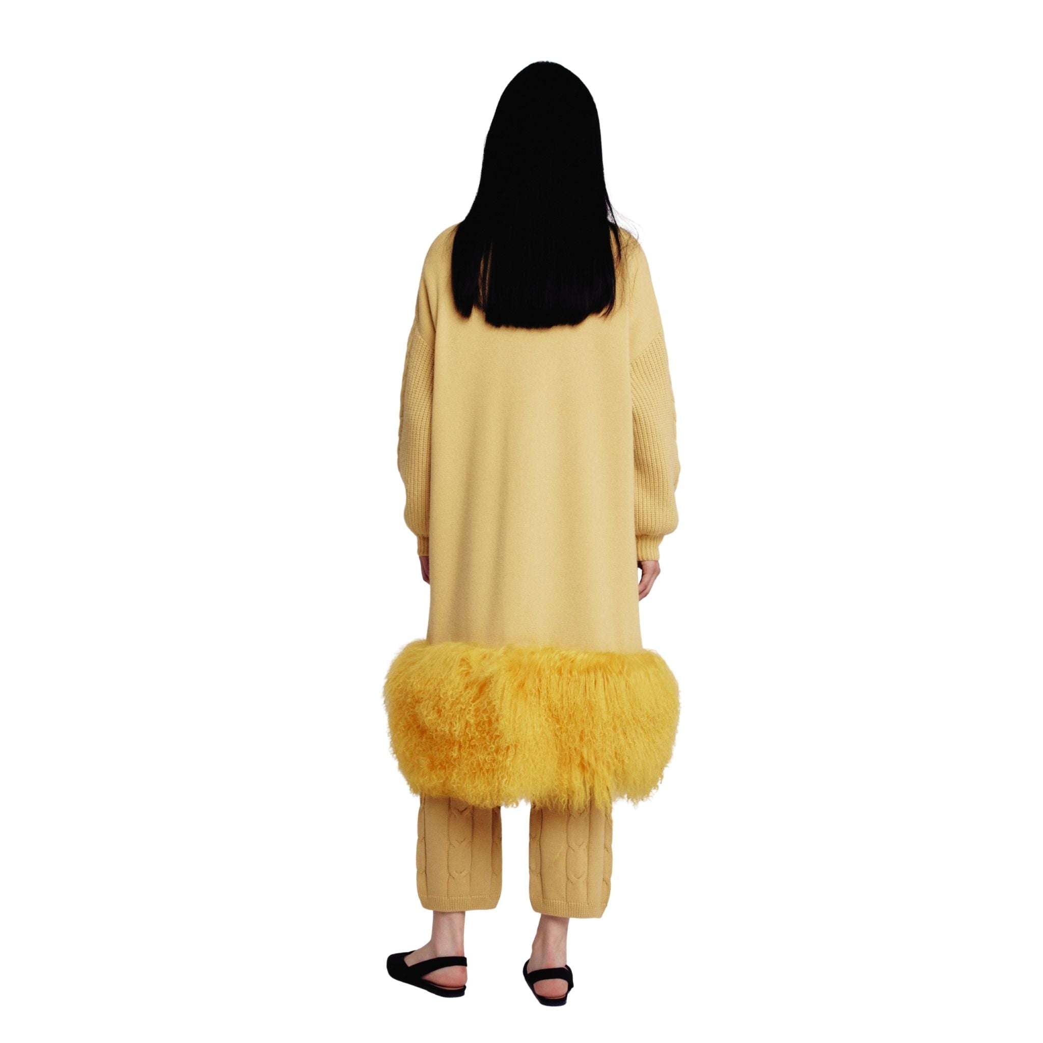 Chartreuse Shearling Trim Cable Cardigan Coat