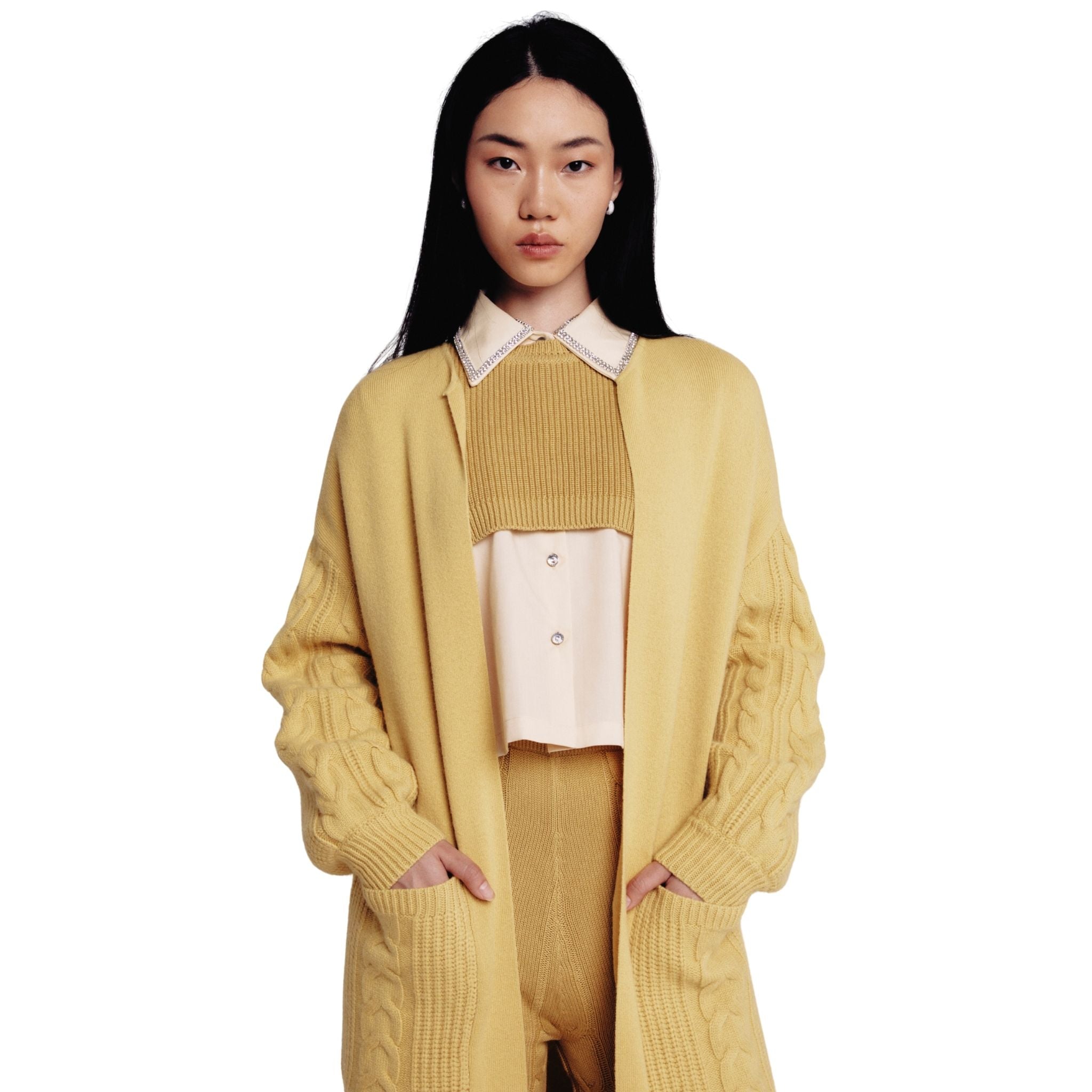 Chartreuse Shearling Trim Cable Cardigan Coat