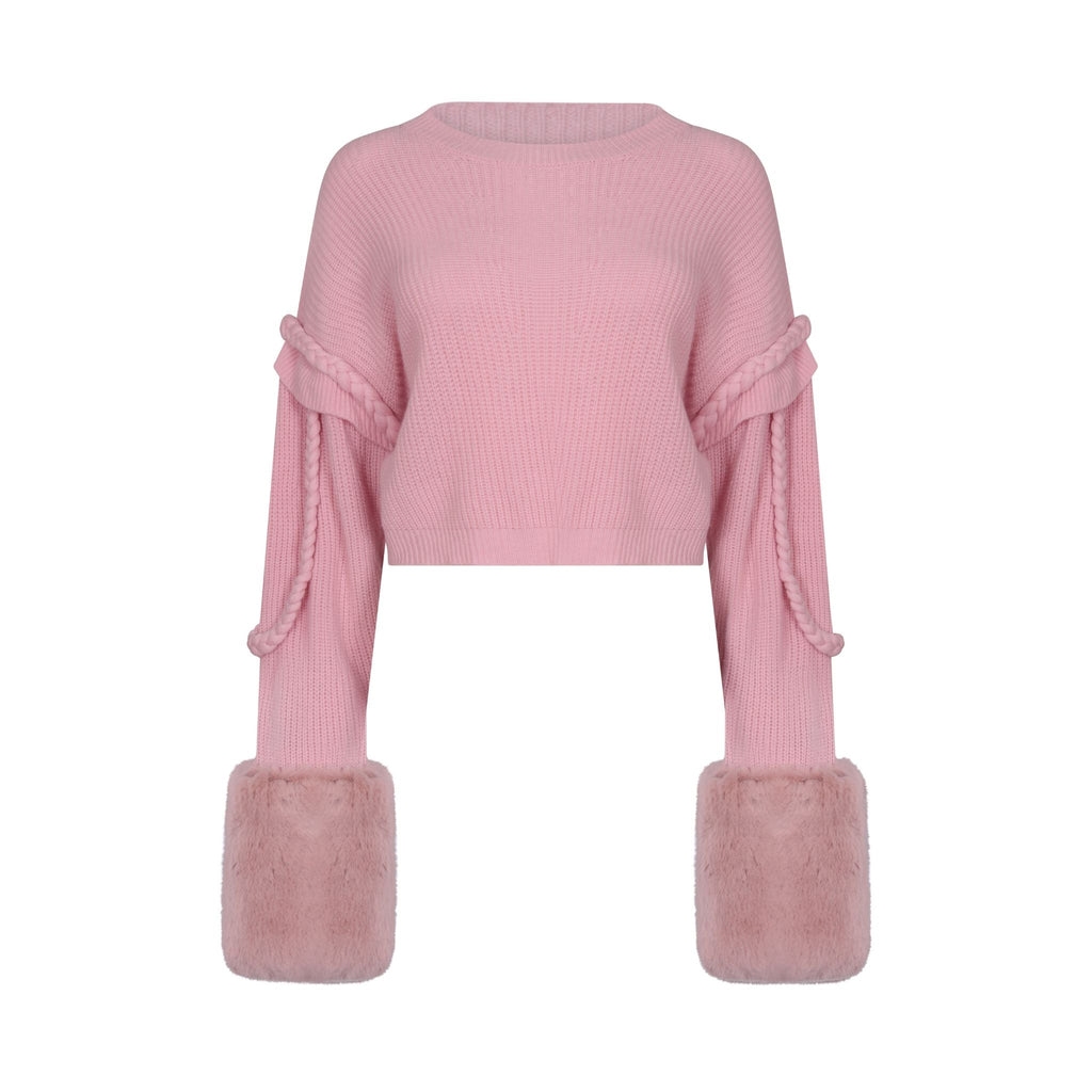 Pink Cable Ribbed Sweater With Faux Fur Cuffs