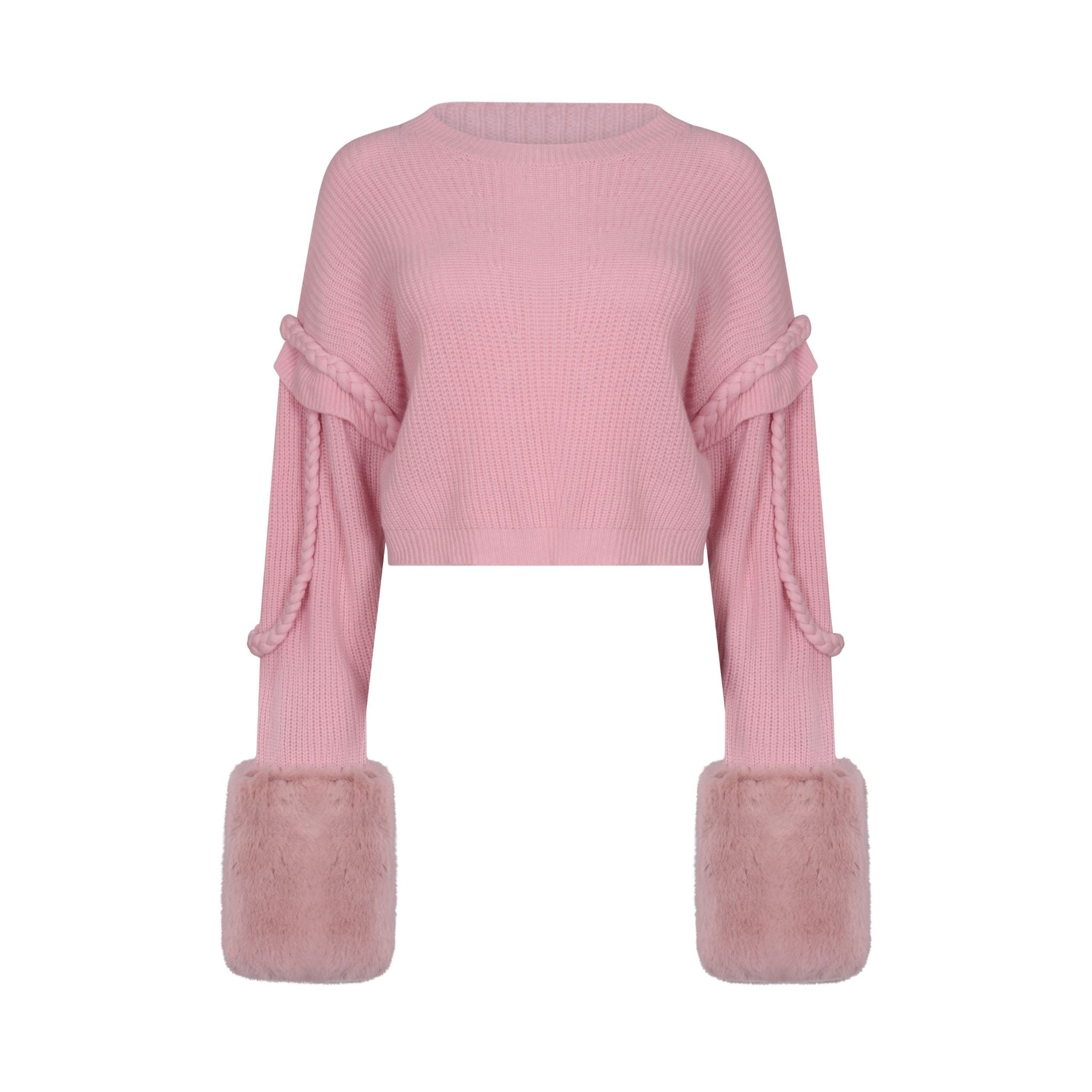Pink Cable Ribbed Sweater With Faux Fur Cuffs
