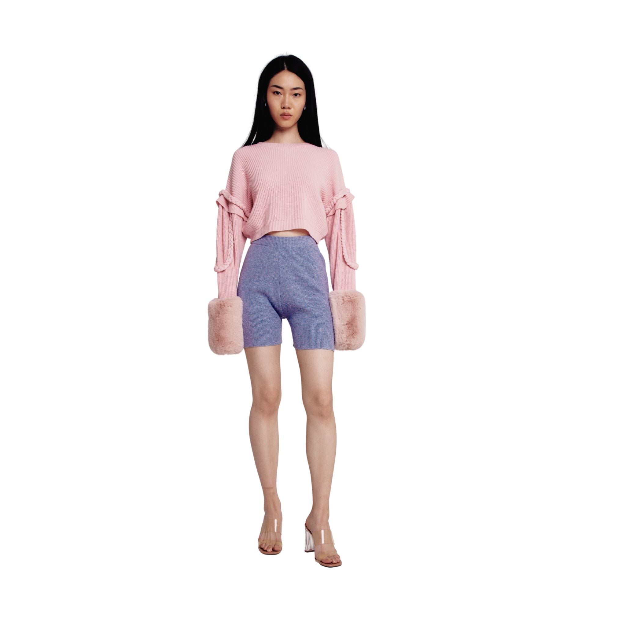 Pink Cable Ribbed Sweater With Faux Fur Cuffs