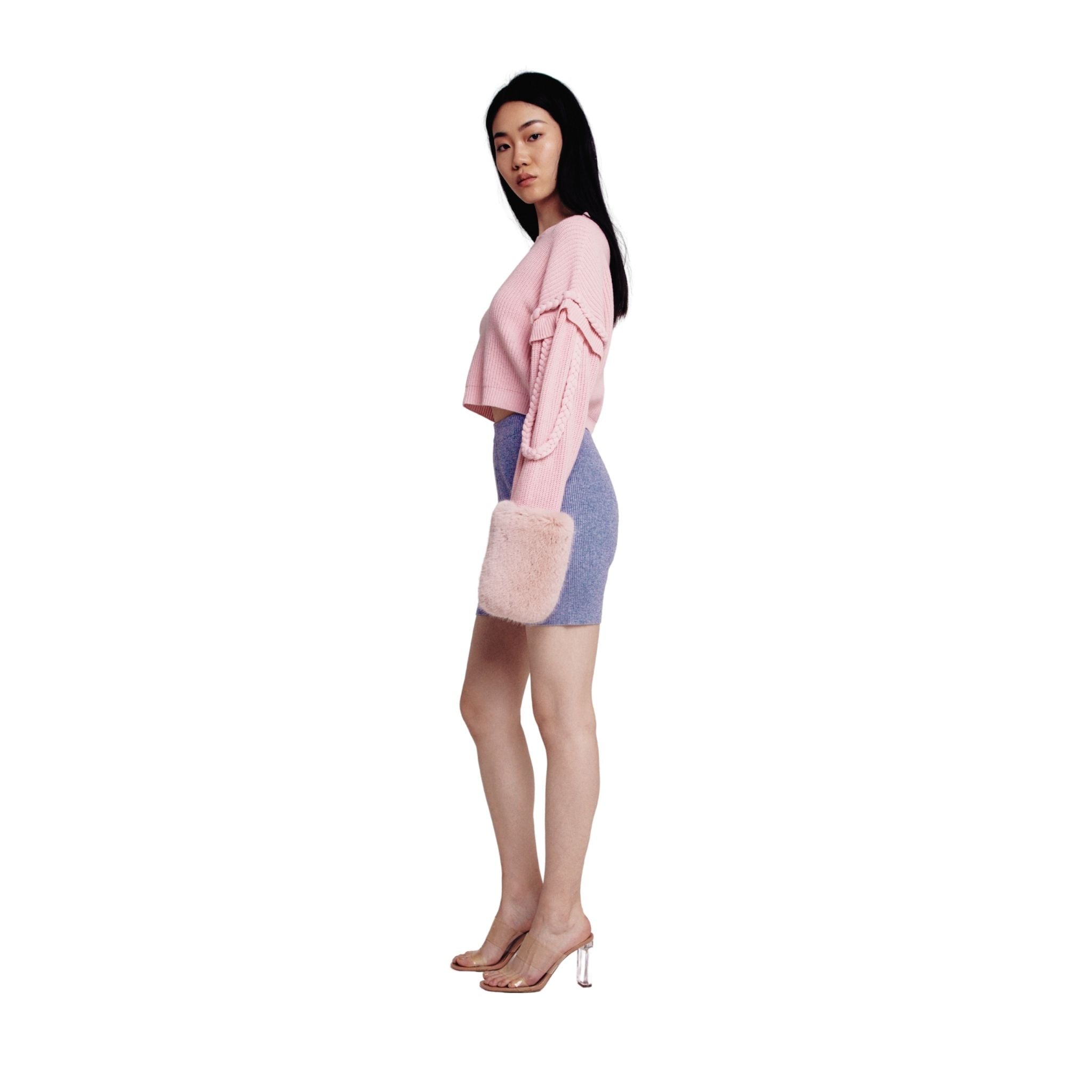 Pink Cable Ribbed Sweater With Faux Fur Cuffs