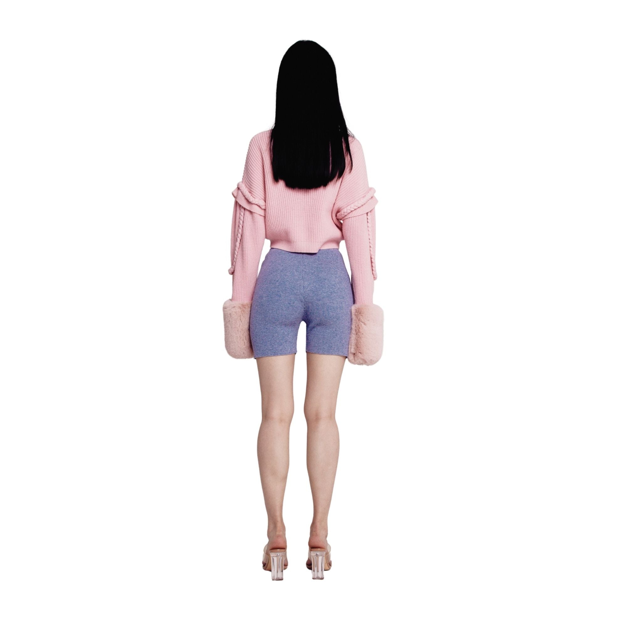 Pink Cable Ribbed Sweater With Faux Fur Cuffs