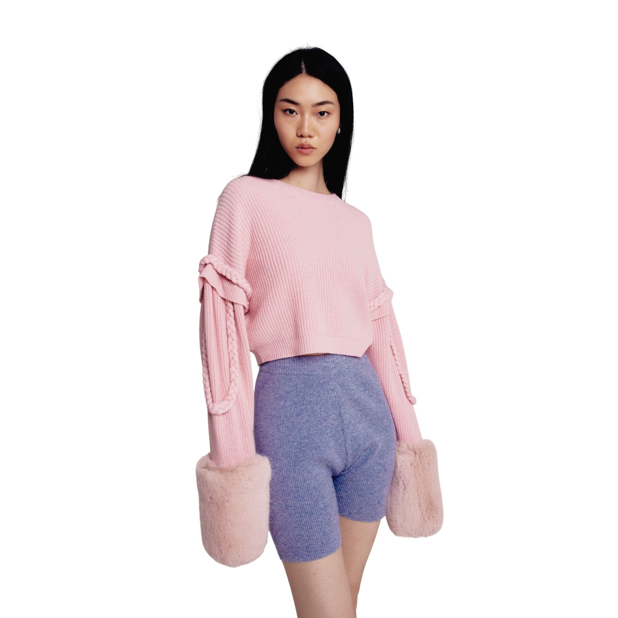 Pink Cable Ribbed Sweater With Faux Fur Cuffs