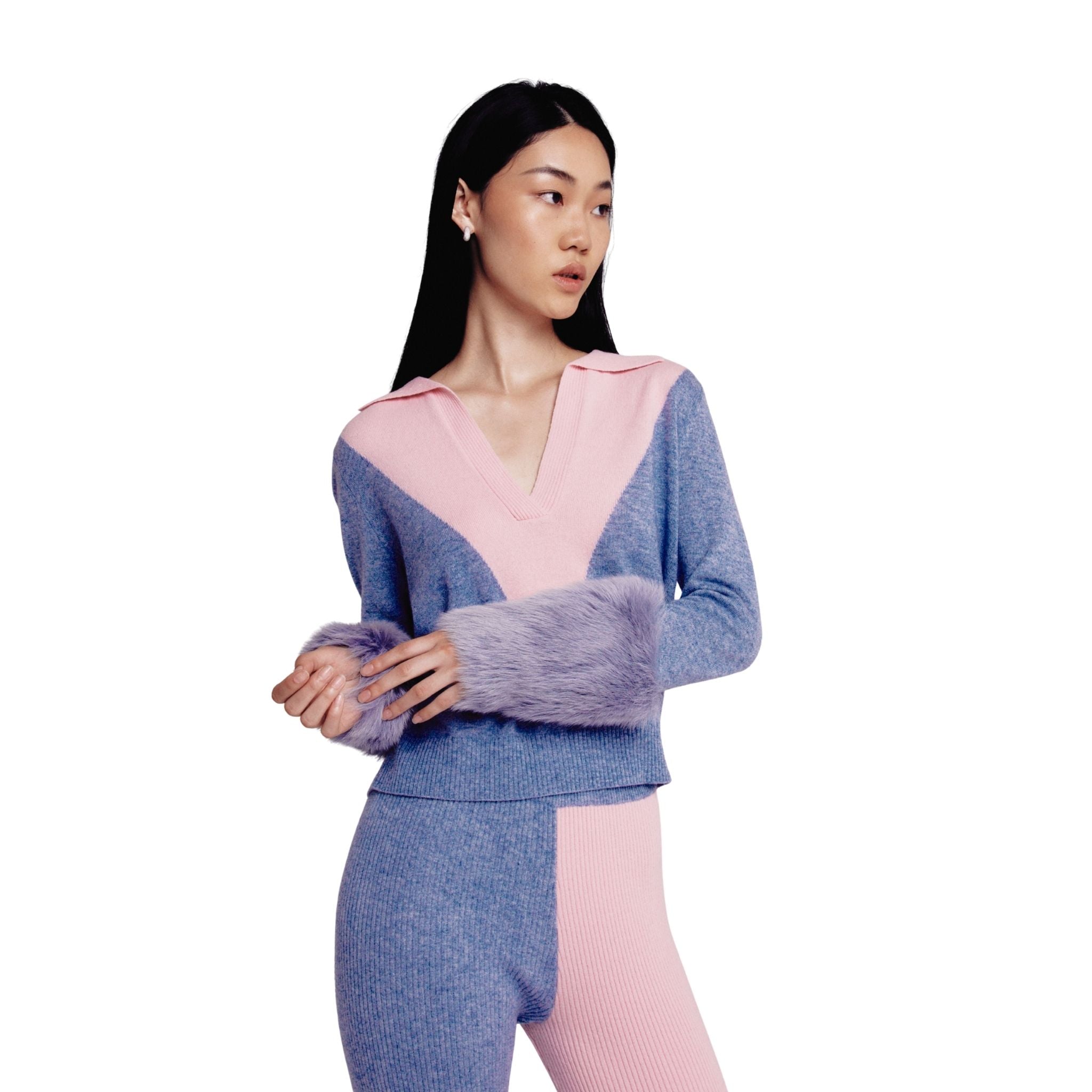 Colour Block Deep V Sweatshirt With Shearling Cuffs