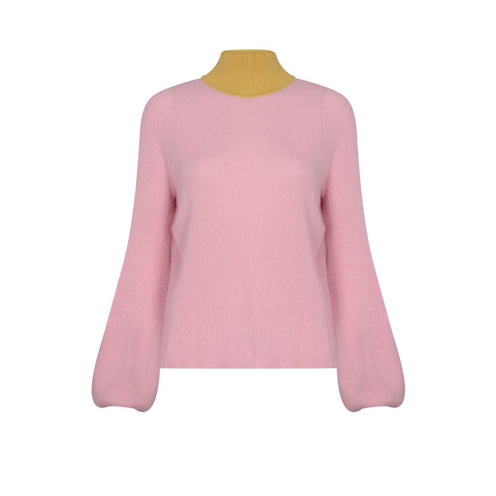 Pink And Chartreuse Colour Block Bell Sleeve Sweater