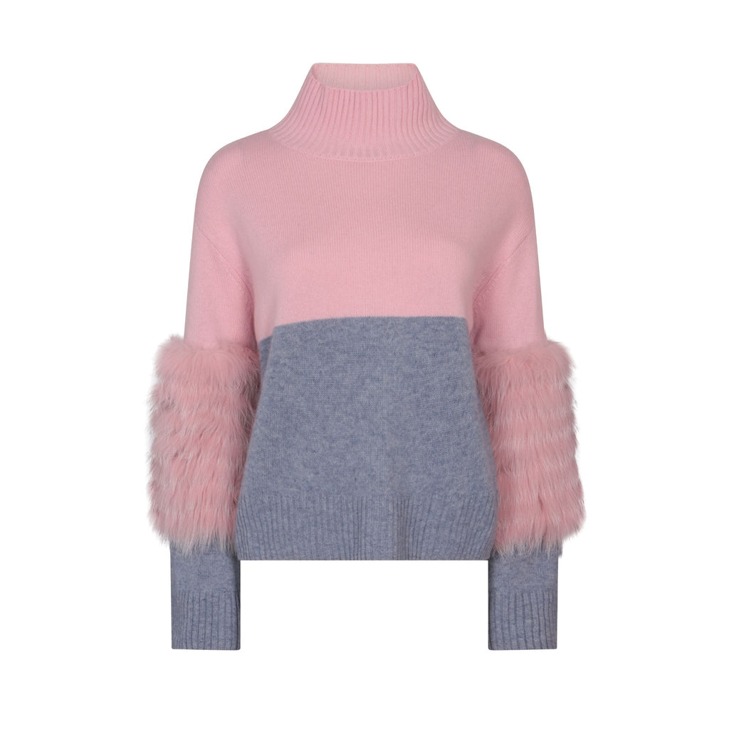 Pink And Grey Colour Block Half And Half Sweater With Fox Fur