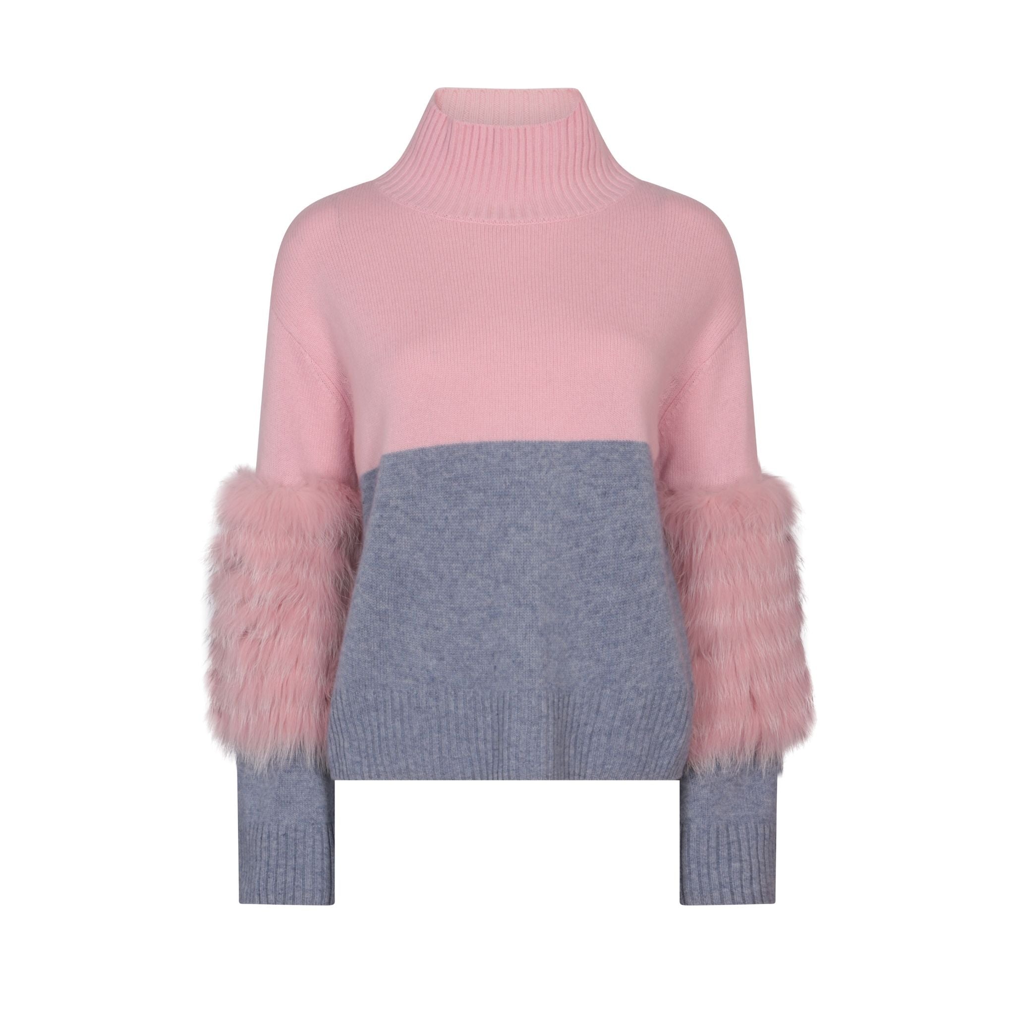 Pink And Grey Colour Block Half And Half Sweater With Fox Fur
