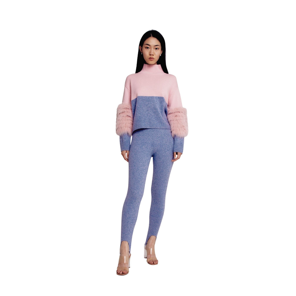 Pink And Grey Colour Block Half And Half Sweater With Fox Fur