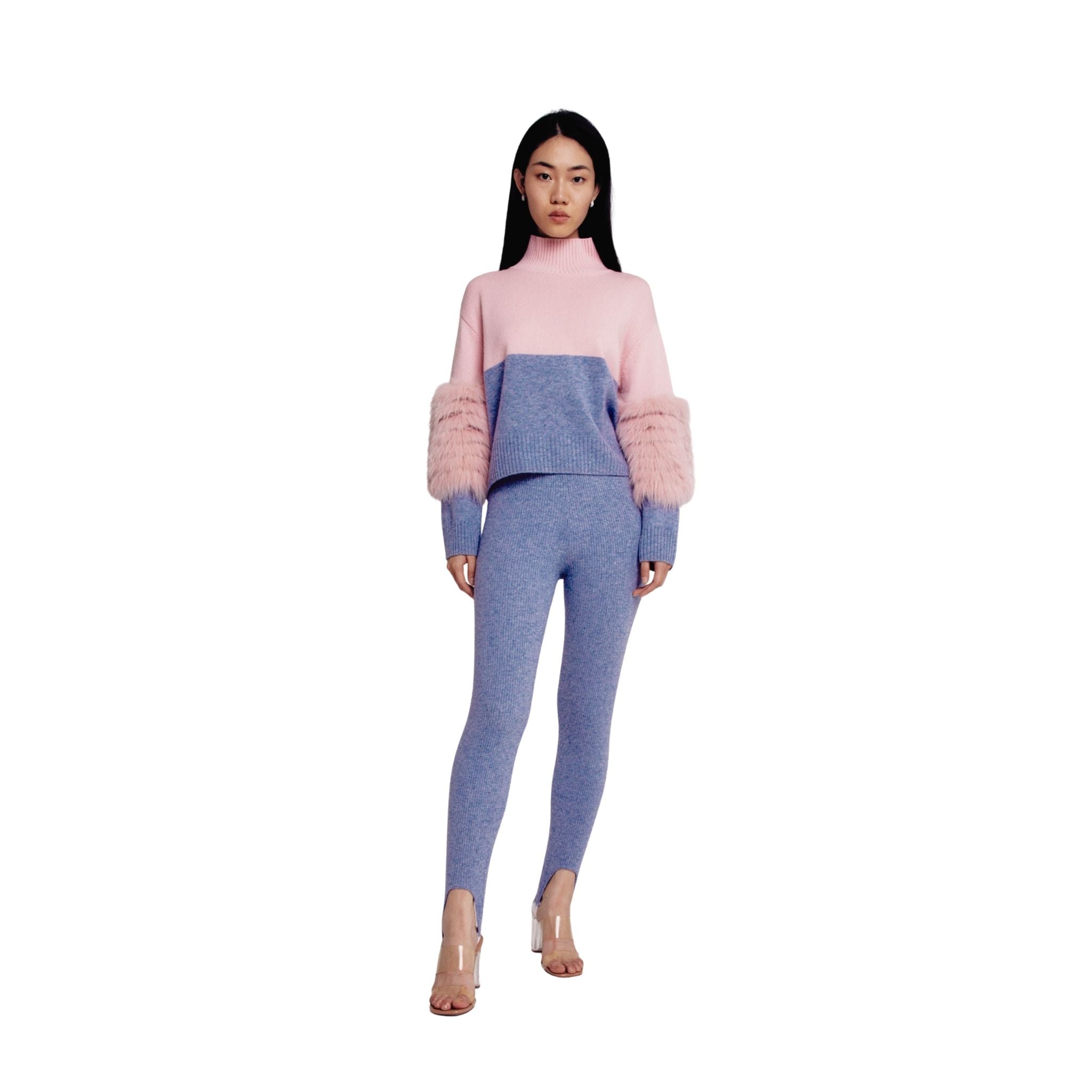 Pink And Grey Colour Block Half And Half Sweater With Fox Fur