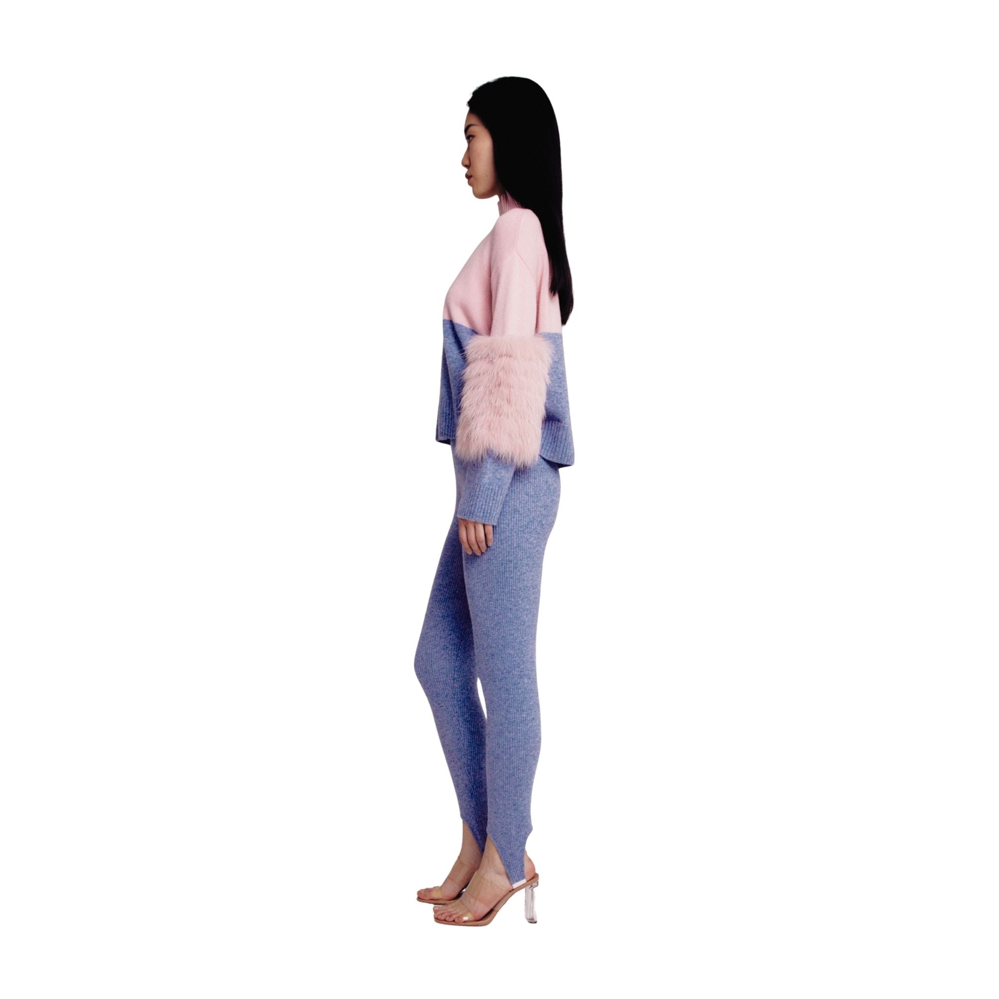 Pink And Grey Colour Block Half And Half Sweater With Fox Fur